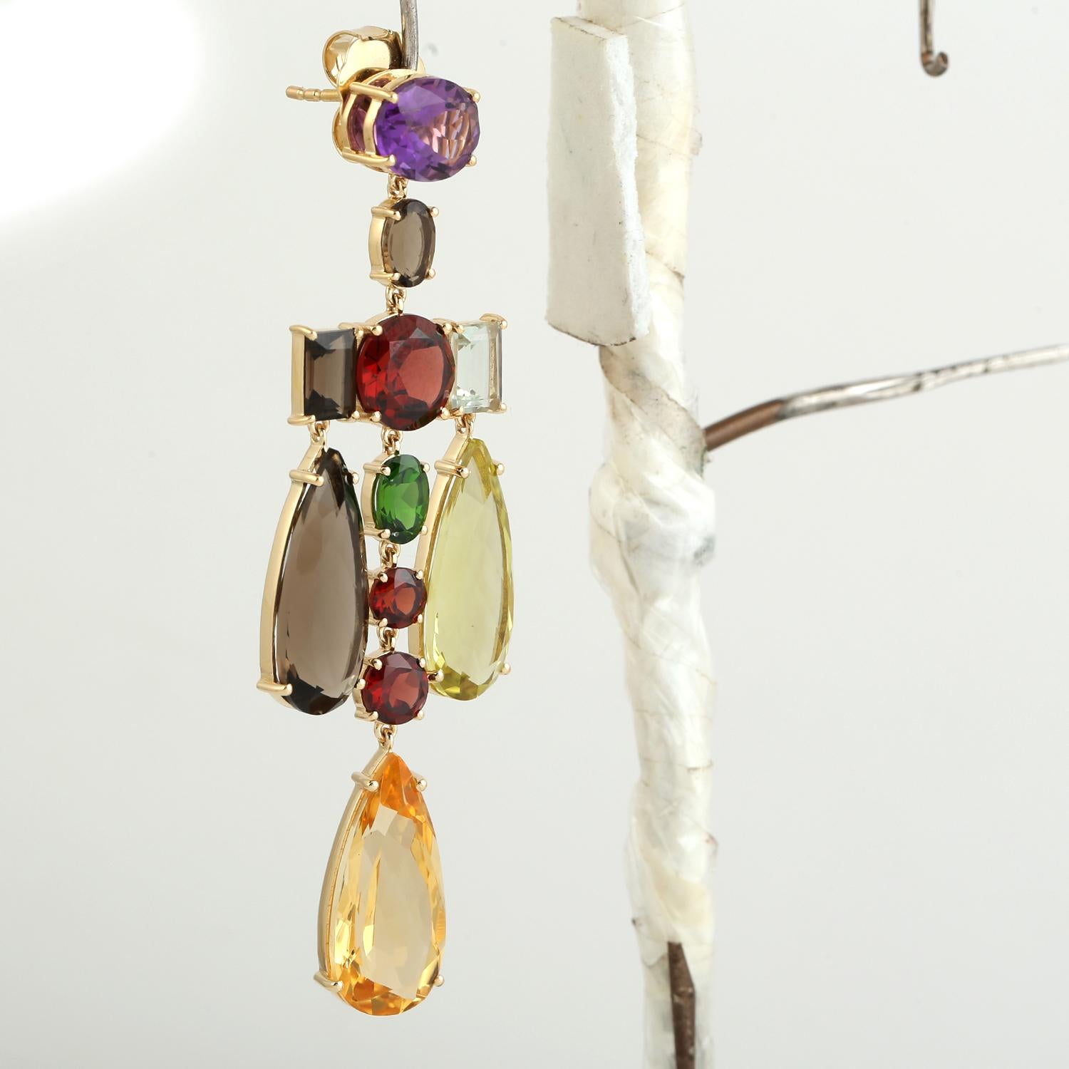 Contemporary Multi Gemstone Rainbow Dangle Earrings Made In 18K Yellow Gold For Sale