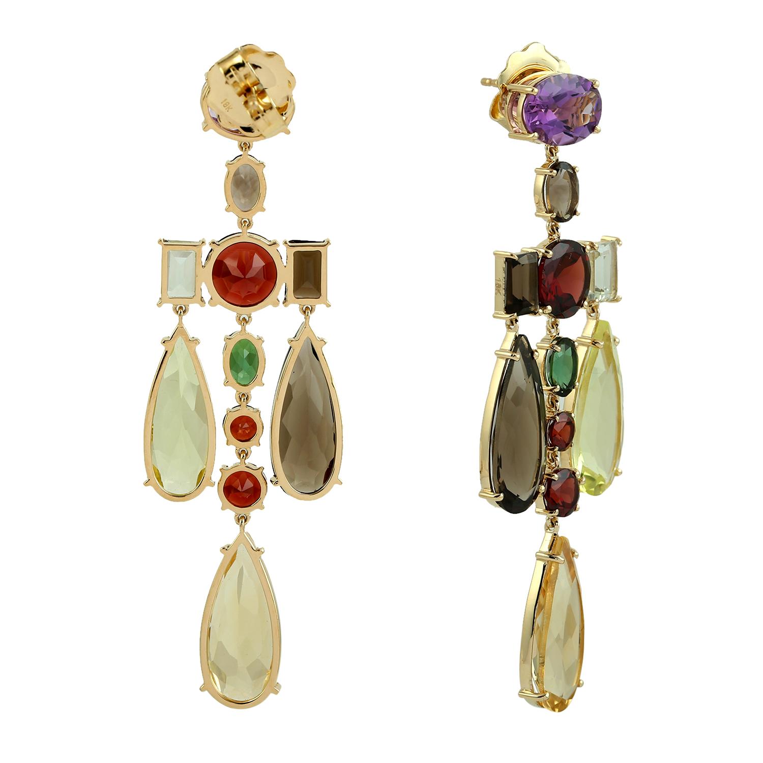 Contemporary Multi Gemstone Rainbow Dangle Earrings Made In 18K Yellow Gold For Sale