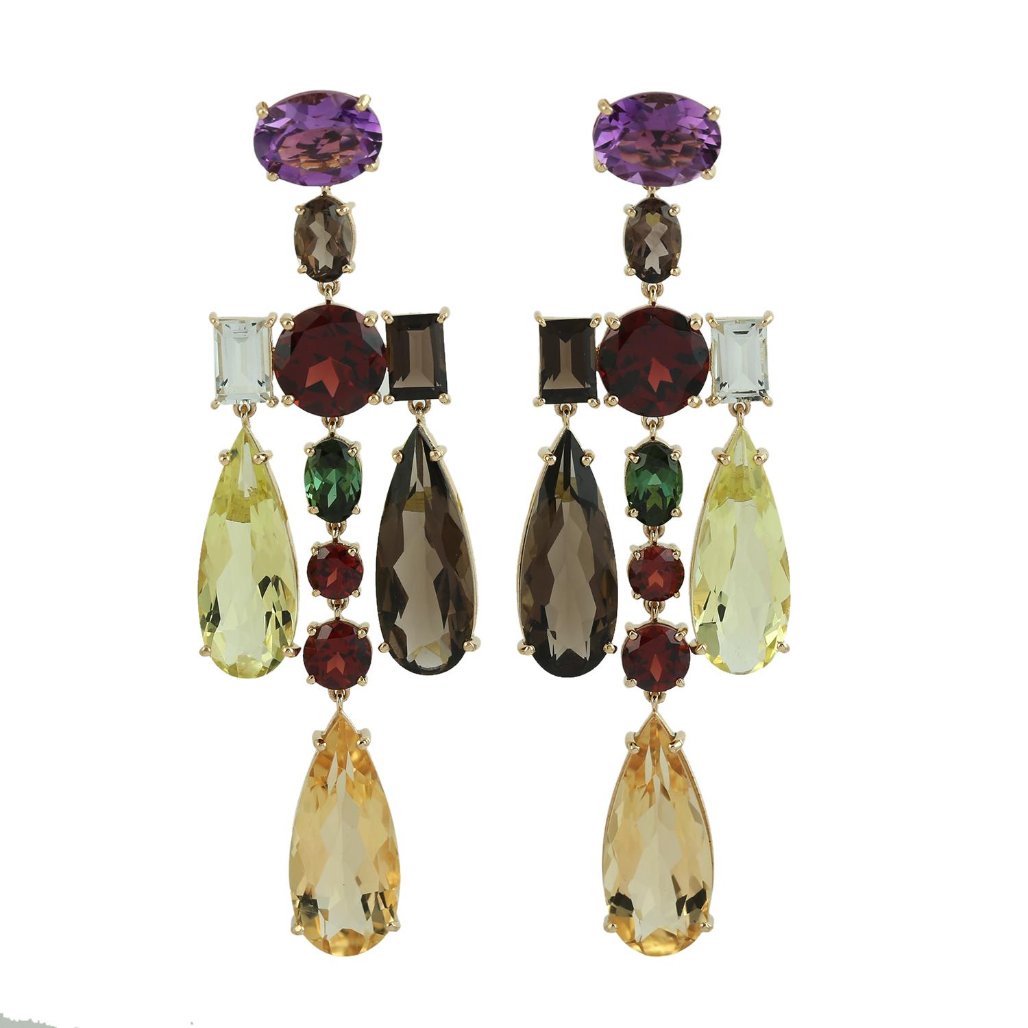 Mixed Cut Multi Gemstone Rainbow Dangle Earrings Made In 18K Yellow Gold For Sale
