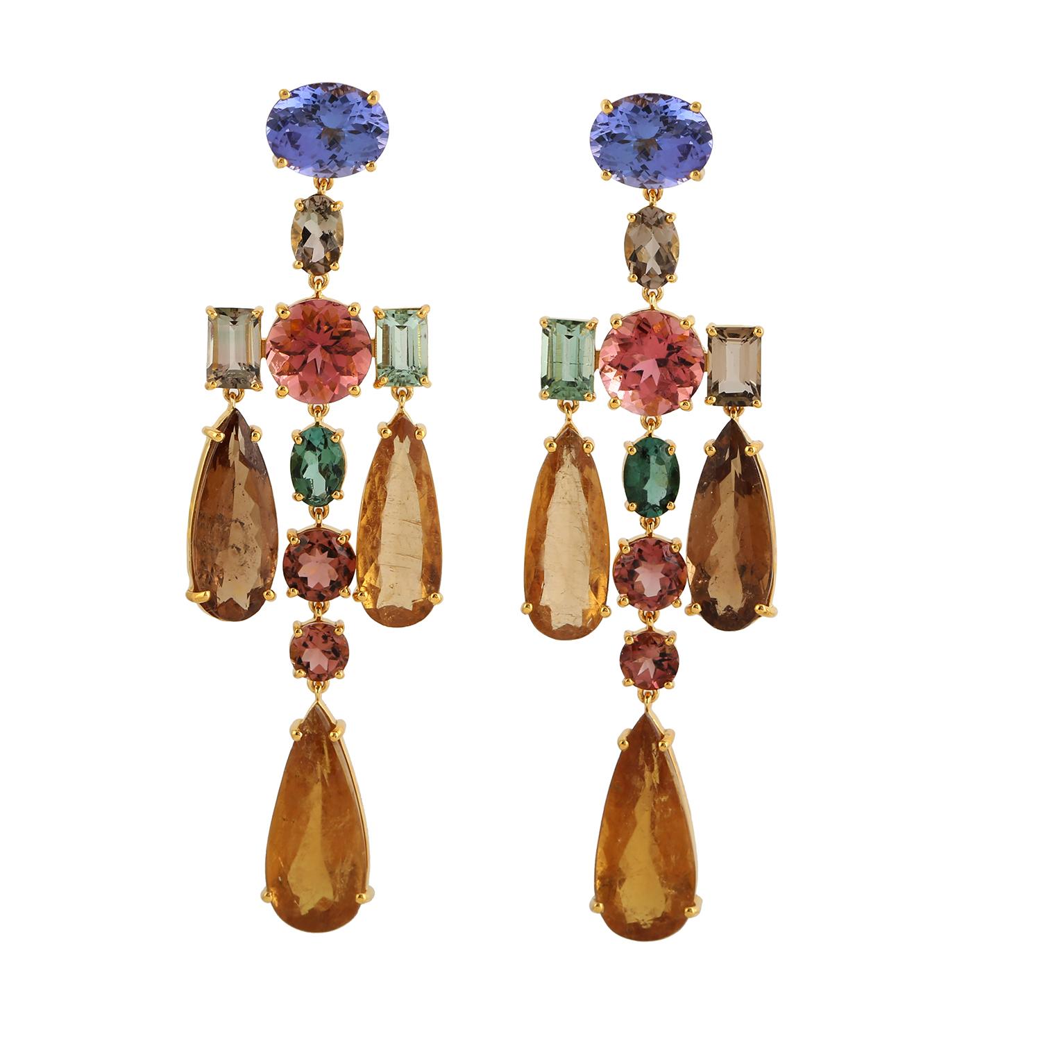 Mixed Cut Multi Gemstone Rainbow Dangle Earrings Made In 18K Yellow Gold For Sale