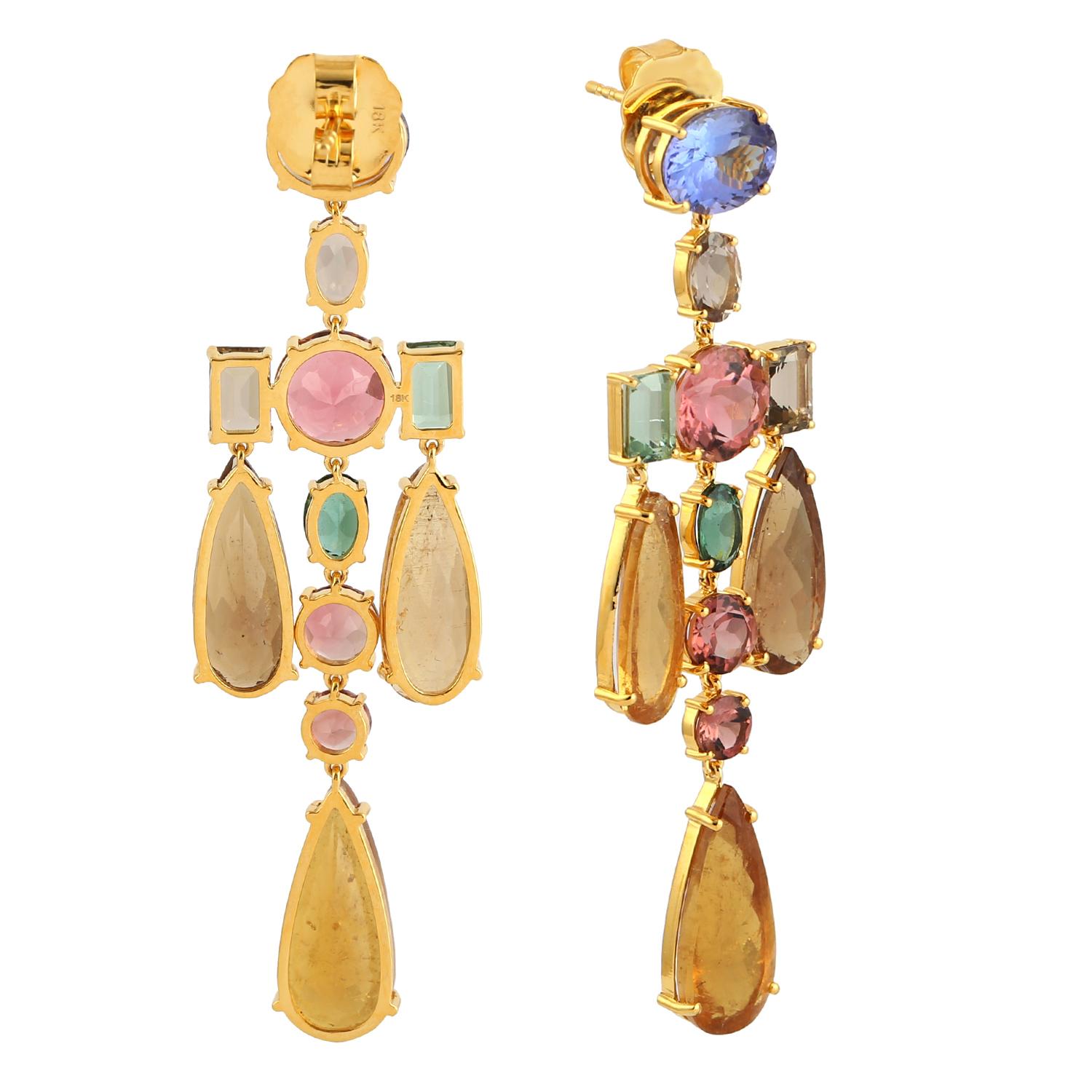 Multi Gemstone Rainbow Dangle Earrings Made In 18K Yellow Gold In New Condition For Sale In New York, NY