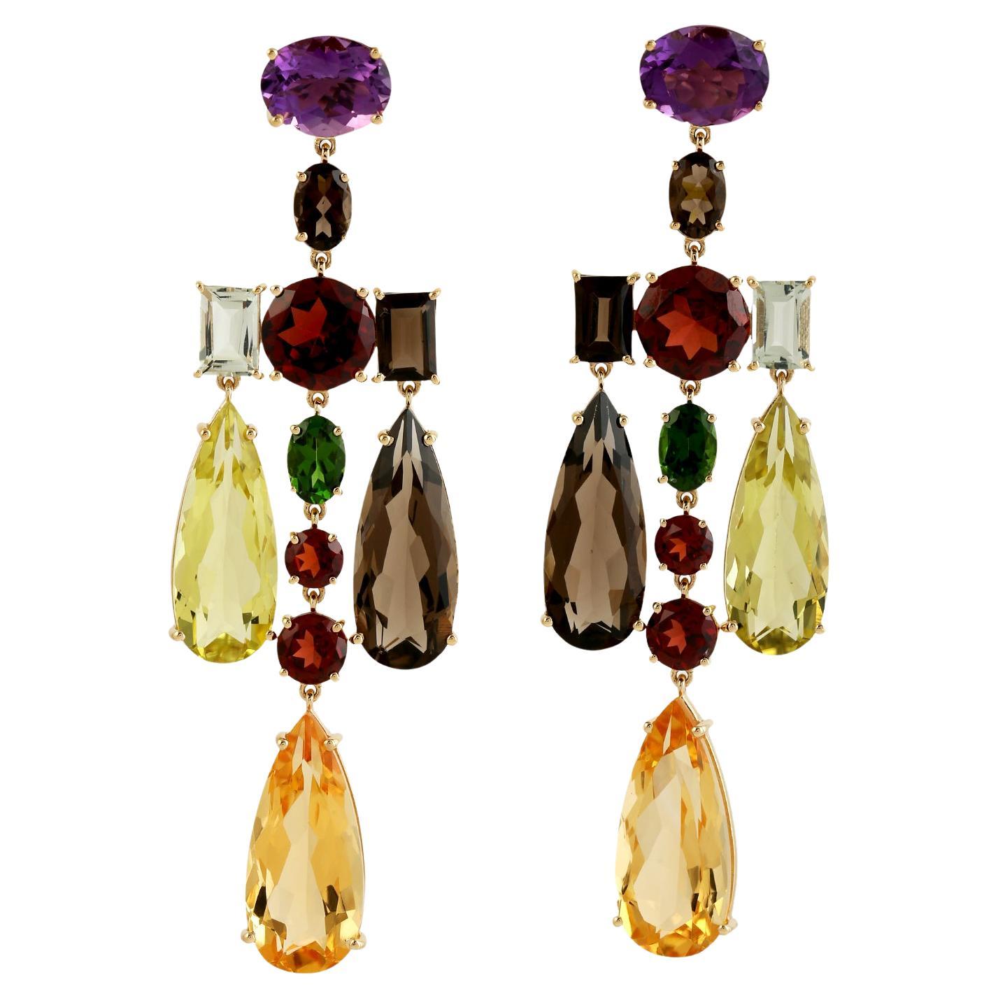 Multi Gemstone Rainbow Dangle Earrings Made In 18K Yellow Gold For Sale