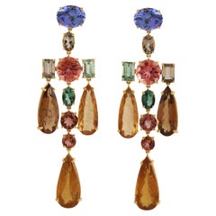 Multi Gemstone Rainbow Dangle Earrings Made In 18K Yellow Gold