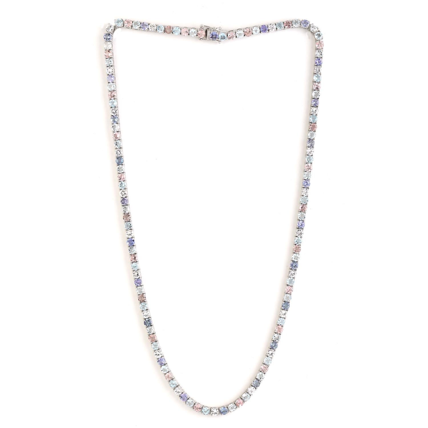 Artisan Multi Gemstone Rainbow Tennis Necklace Made In 14K White Gold For Sale