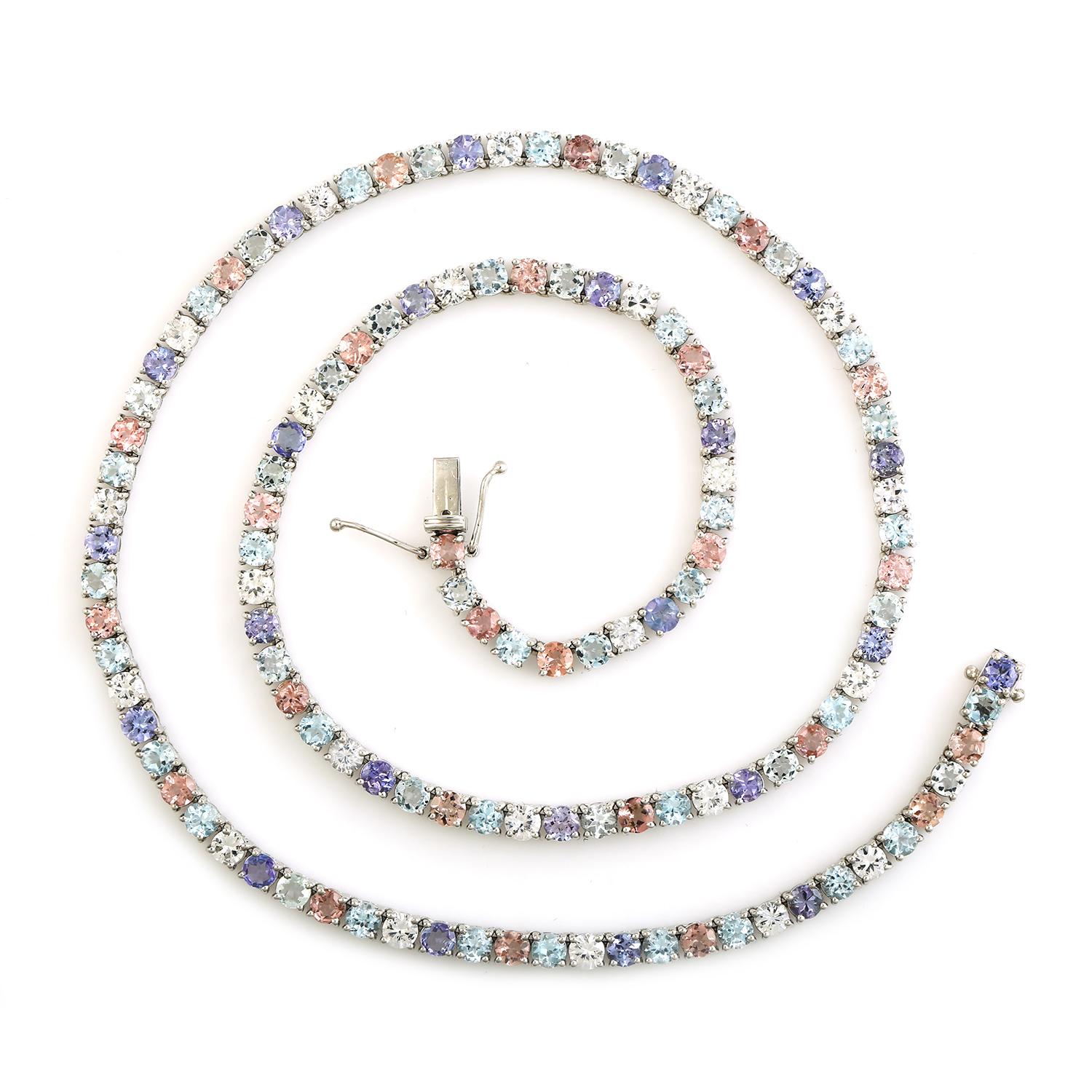Mixed Cut Multi Gemstone Rainbow Tennis Necklace Made In 14K White Gold For Sale
