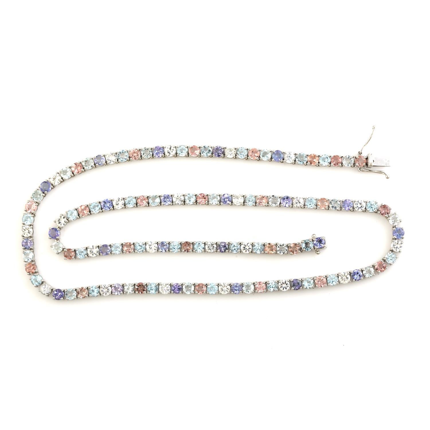 Multi Gemstone Rainbow Tennis Necklace Made In 14K White Gold In New Condition For Sale In New York, NY