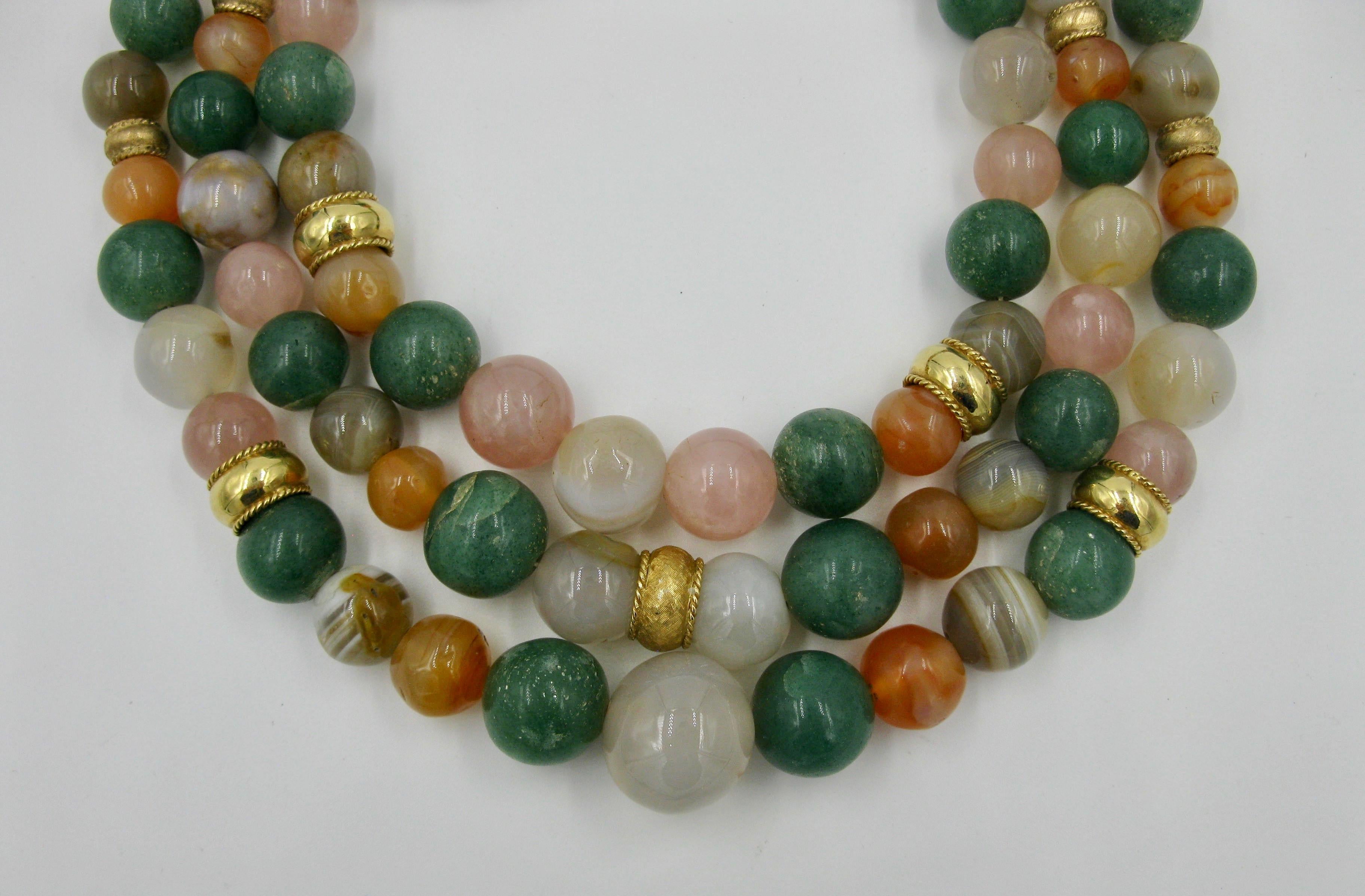 Multi-Gemstone Retro Modern Midcentury 14 Karat Gold Bead Necklace 3 Strands In Excellent Condition For Sale In New York, NY