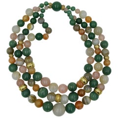 Multi-Gemstone Retro Modern Midcentury 14 Karat Gold Bead Necklace 3 Strands