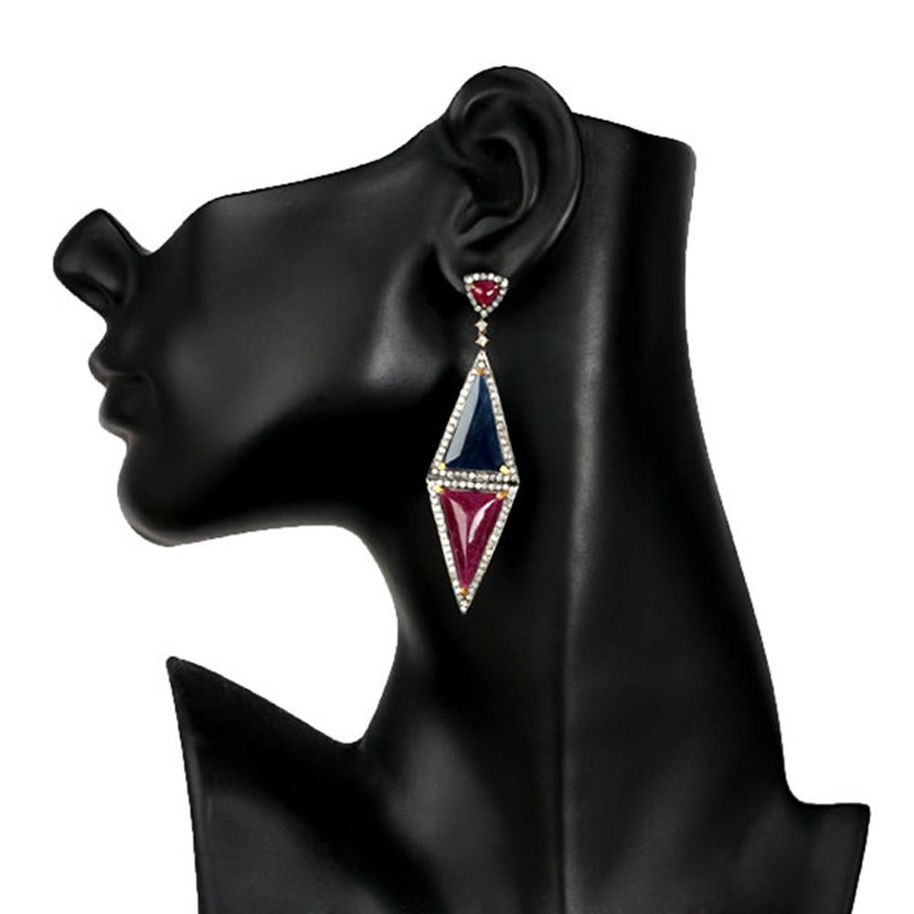Contemporary Multi Gemstone Rhombus Shaped Dangle Earring with Diamonds in 18k Gold & Silver For Sale