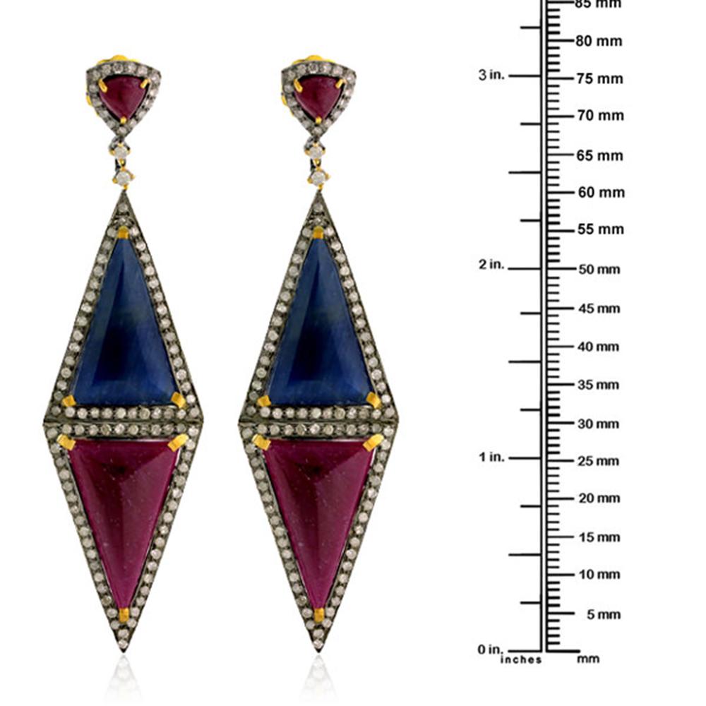 Mixed Cut Multi Gemstone Rhombus Shaped Dangle Earring with Diamonds in 18k Gold & Silver For Sale