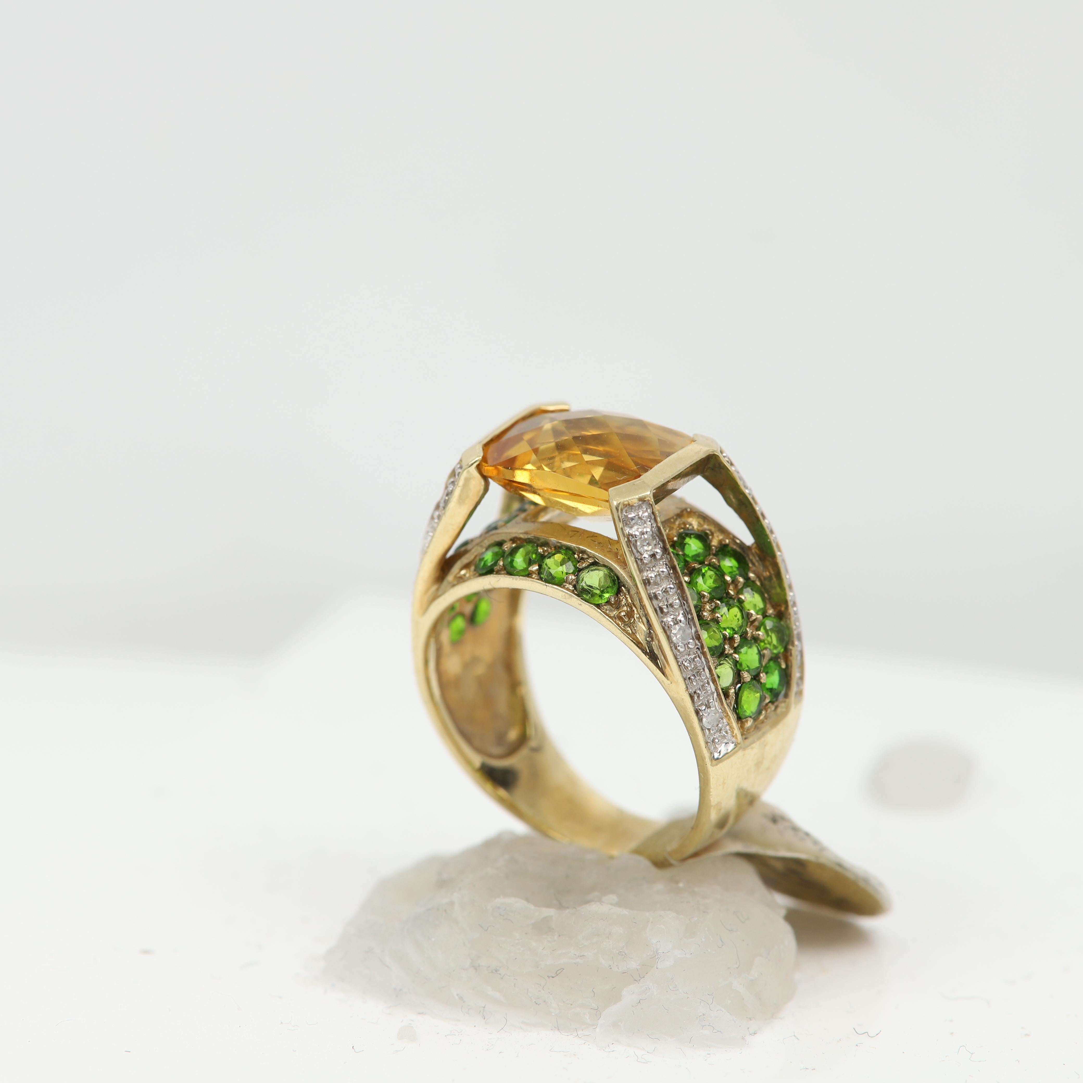 Radiant Cut Multi Gemstone Ring 10 Karat Yellow Gold Center Stone Citrine For Sale
