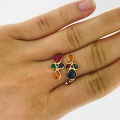 Multi-Gemstone Ring in 18 Karat Gold Adjustable, Ruby,  Sapphire, Emerald, 18kt