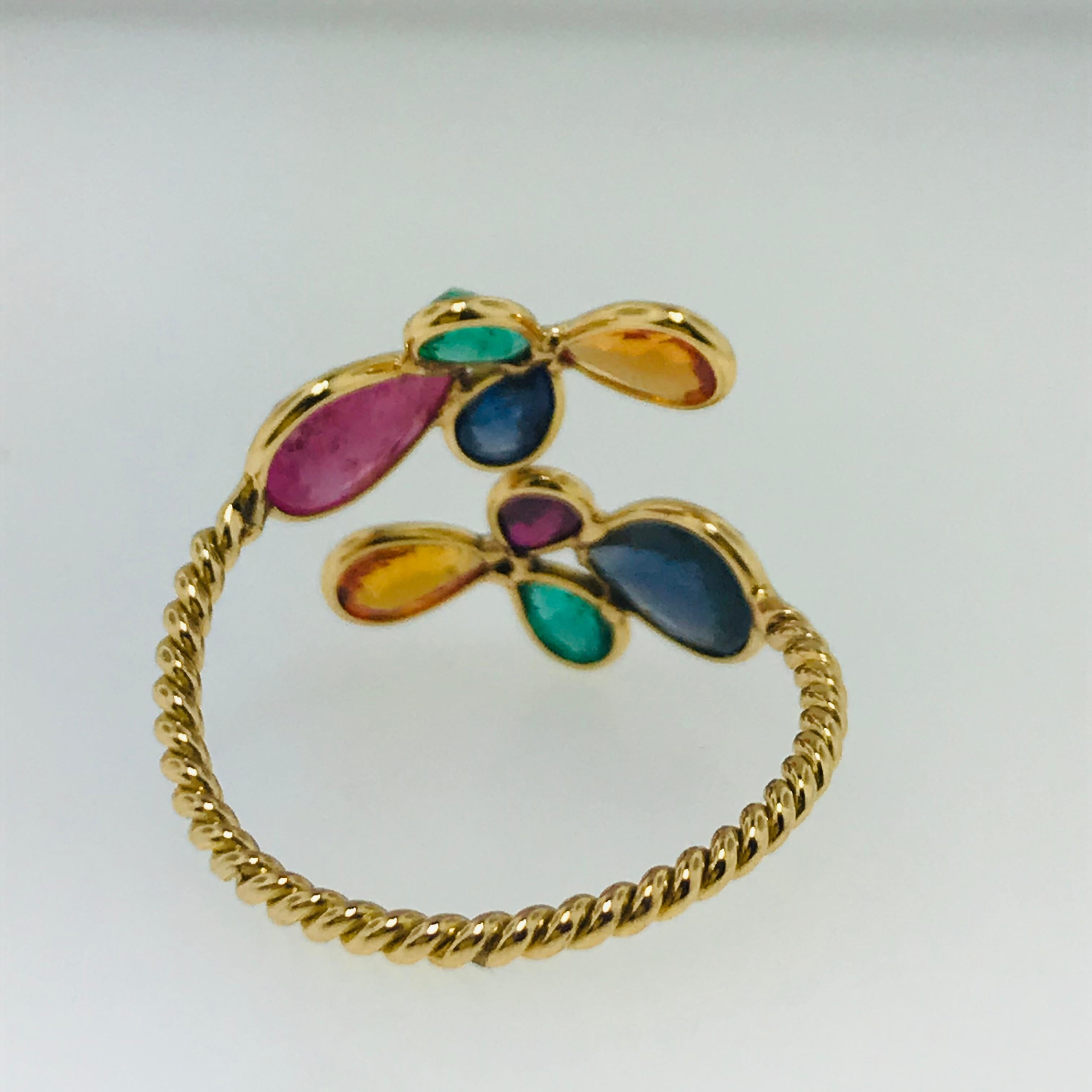 Modern Multi-Gemstone Ring in 18 Karat Gold Adjustable, Ruby,  Sapphire, Emerald, 18kt