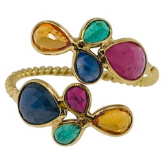 Multi-Gemstone Ring in 18 Karat Gold Adjustable, Ruby,  Sapphire, Emerald, 18kt