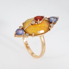 Multi Gemstone Ring Opal Sapphire Diamond Sz 6.5 14k Yellow Gold Cocktail