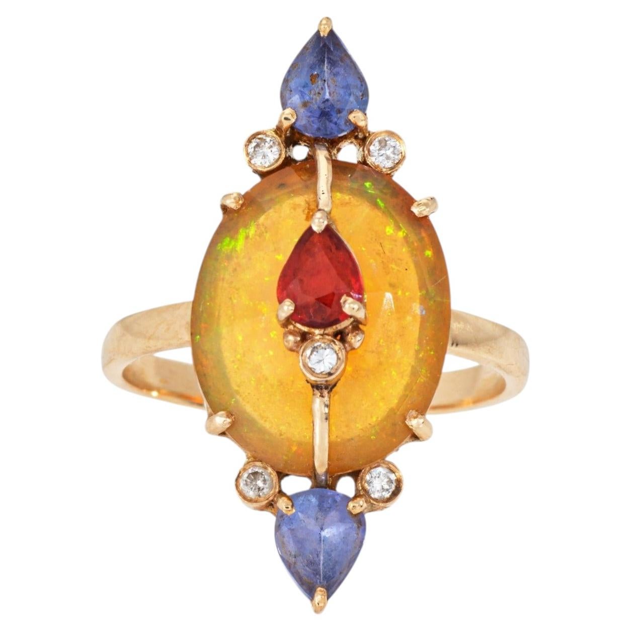 Multi Gemstone Ring Opal Sapphire Diamond Sz 6.5 14k Yellow Gold Cocktail
