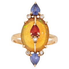 Multi Gemstone Ring Opal Sapphire Diamond Sz 6.5 14k Yellow Gold Cocktail