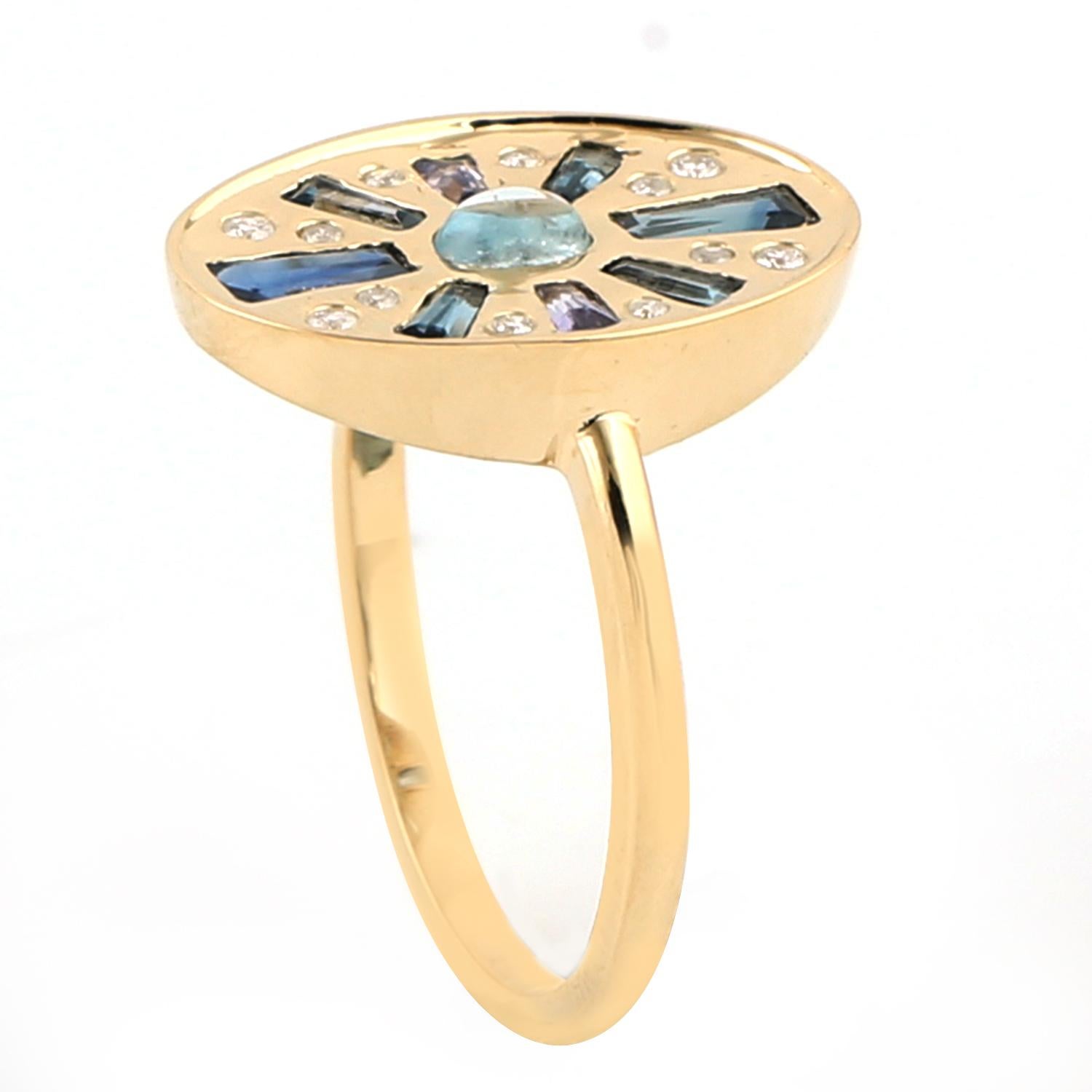 Contemporary Multi Gemstone Ring With Diamonds Made In 18k Yellow Gold For Sale
