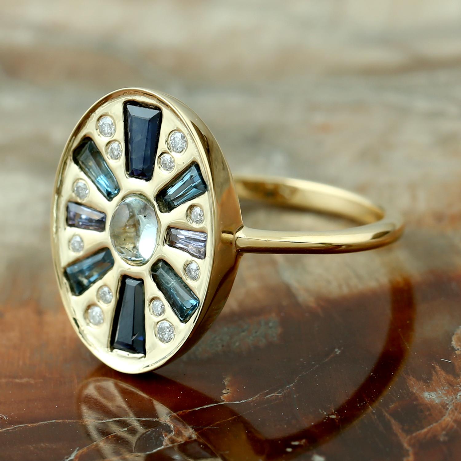 Contemporary Multi Gemstone Ring With Diamonds Made In 18k Yellow Gold For Sale
