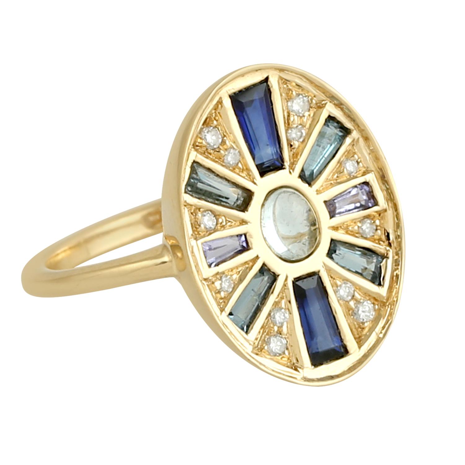 Mixed Cut Multi Gemstone Ring With Diamonds Made In 18k Yellow Gold For Sale