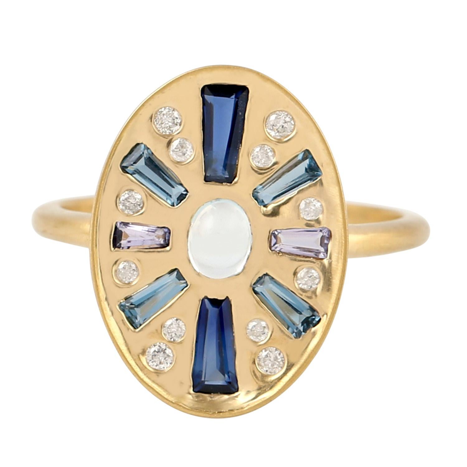Multi Gemstone Ring With Diamonds Made In 18k Yellow Gold In New Condition For Sale In New York, NY