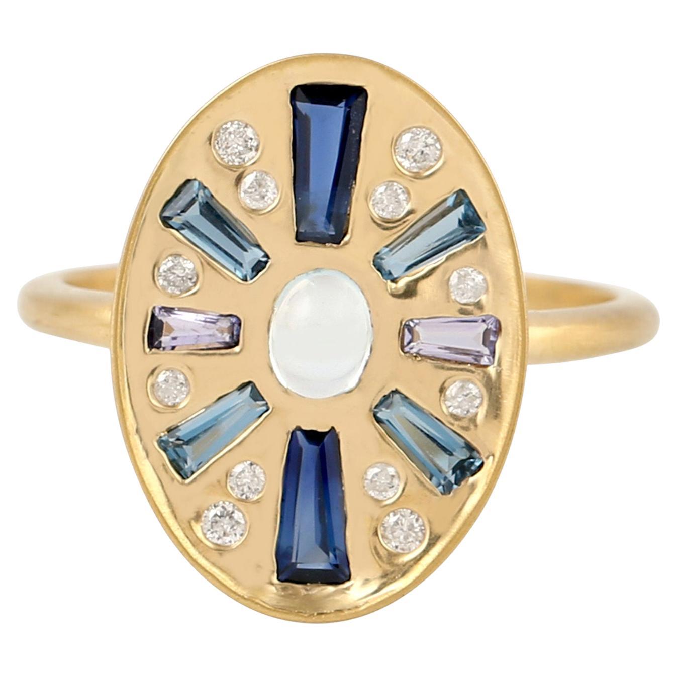Anillo Multi Piedras Preciosas Con Diamantes De Oro Amarillo De 18k
