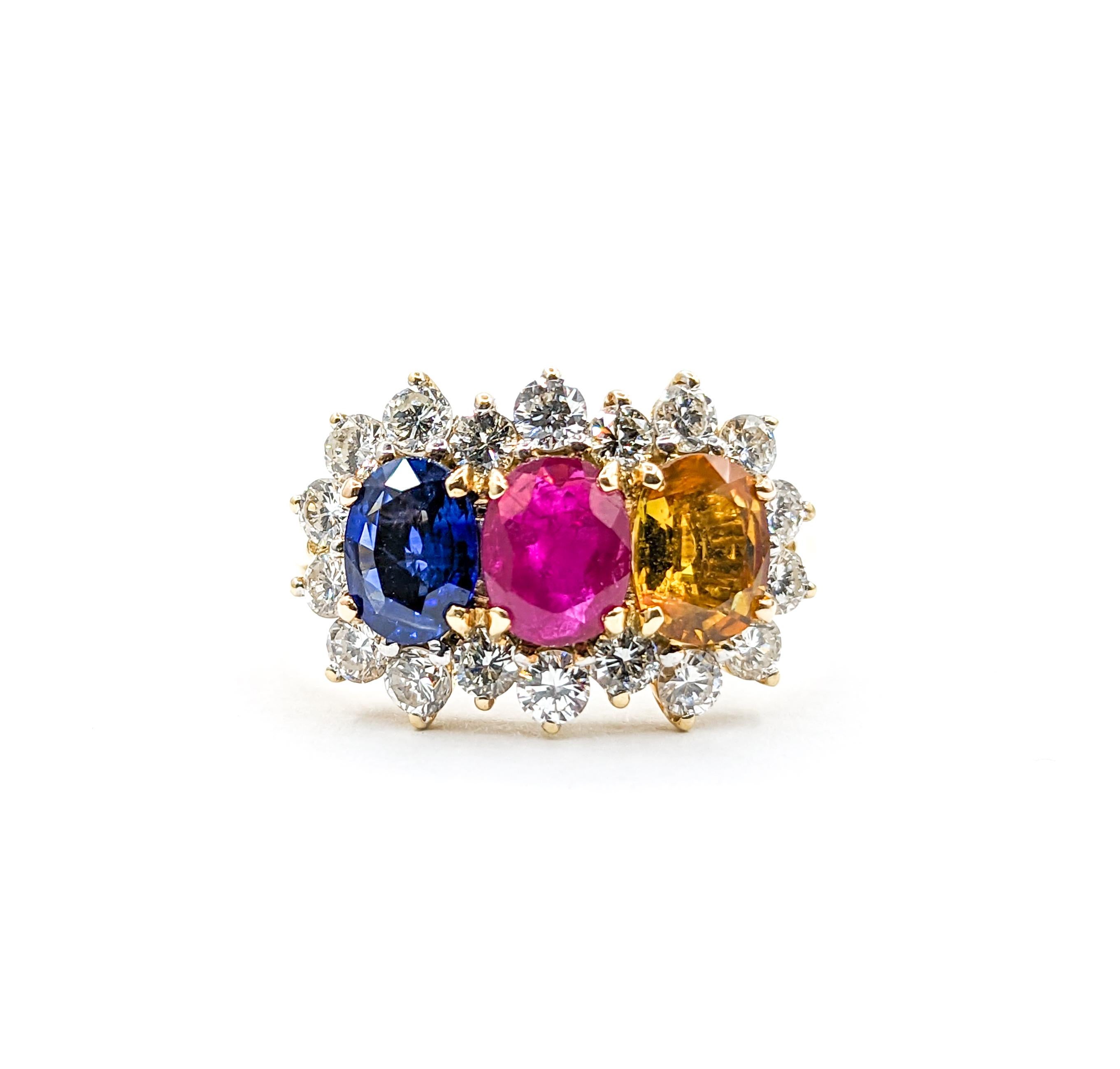 Multi Gemstone Ruby, Blue Sapphire & Yellow Sapphire Ring with Diamond 18k For Sale 5