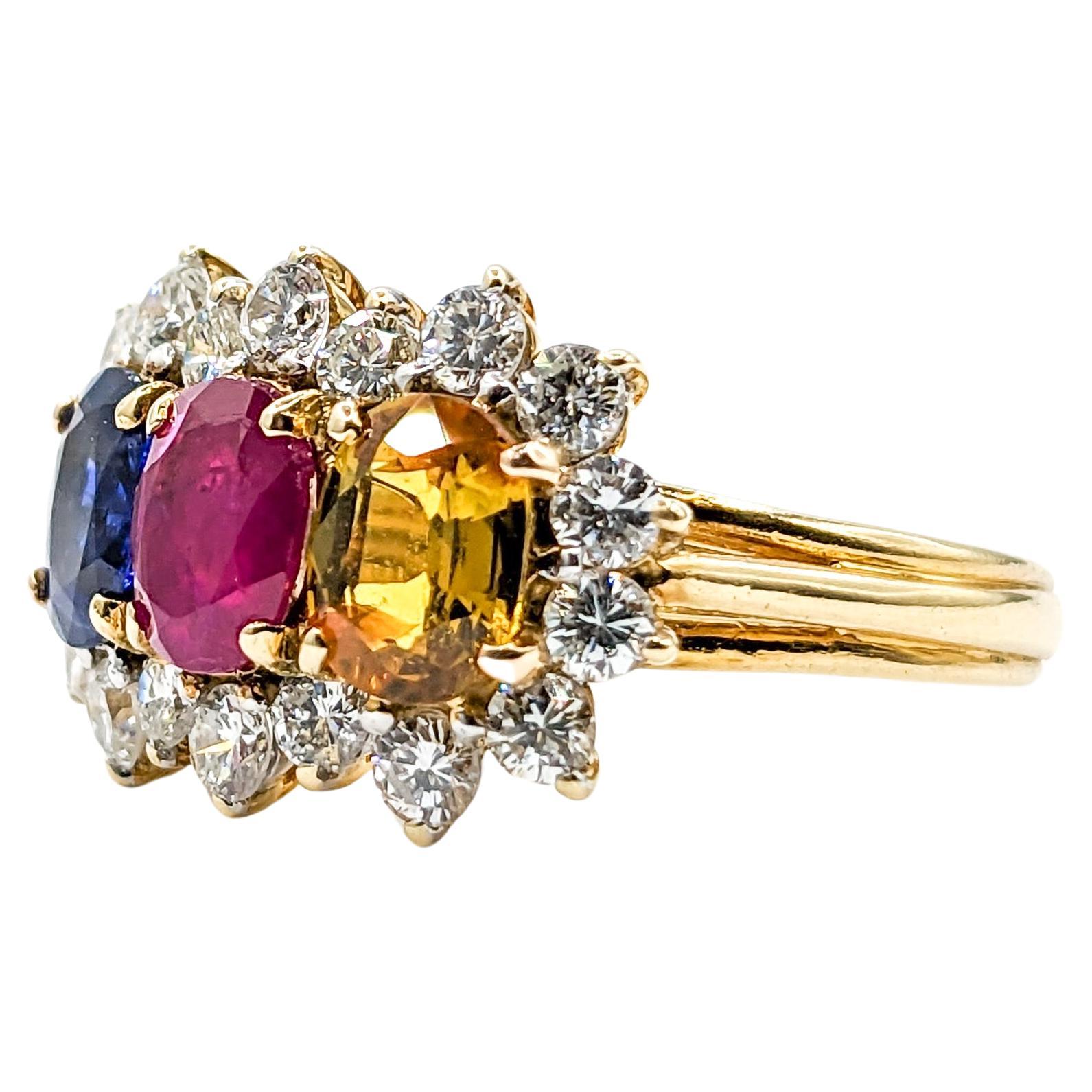 Modern Multi Gemstone Ruby, Blue Sapphire & Yellow Sapphire Ring with Diamond 18k For Sale