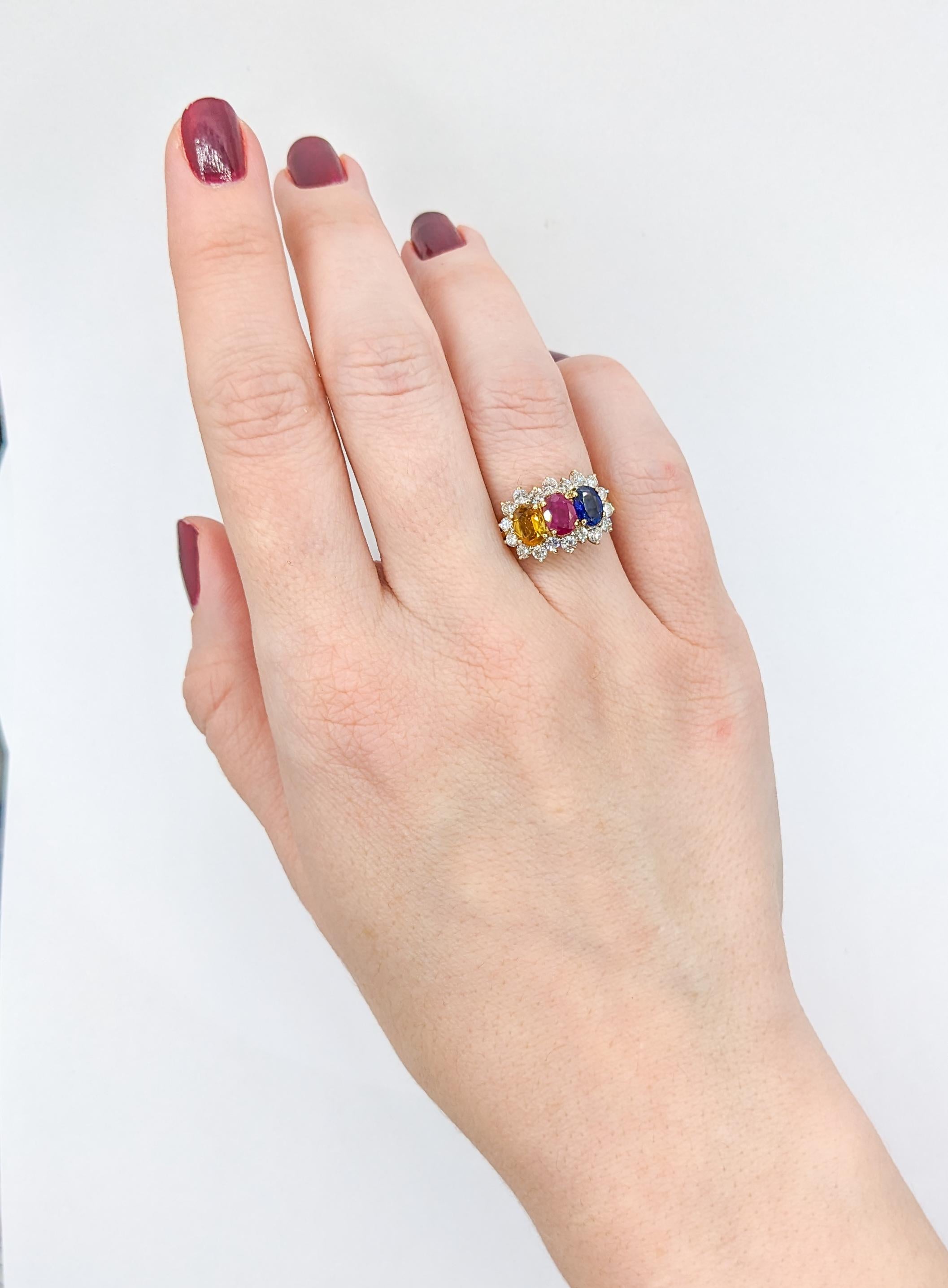 Multi Gemstone Ruby, Blue Sapphire & Yellow Sapphire Ring with Diamond 18k In Excellent Condition For Sale In Bloomington, MN