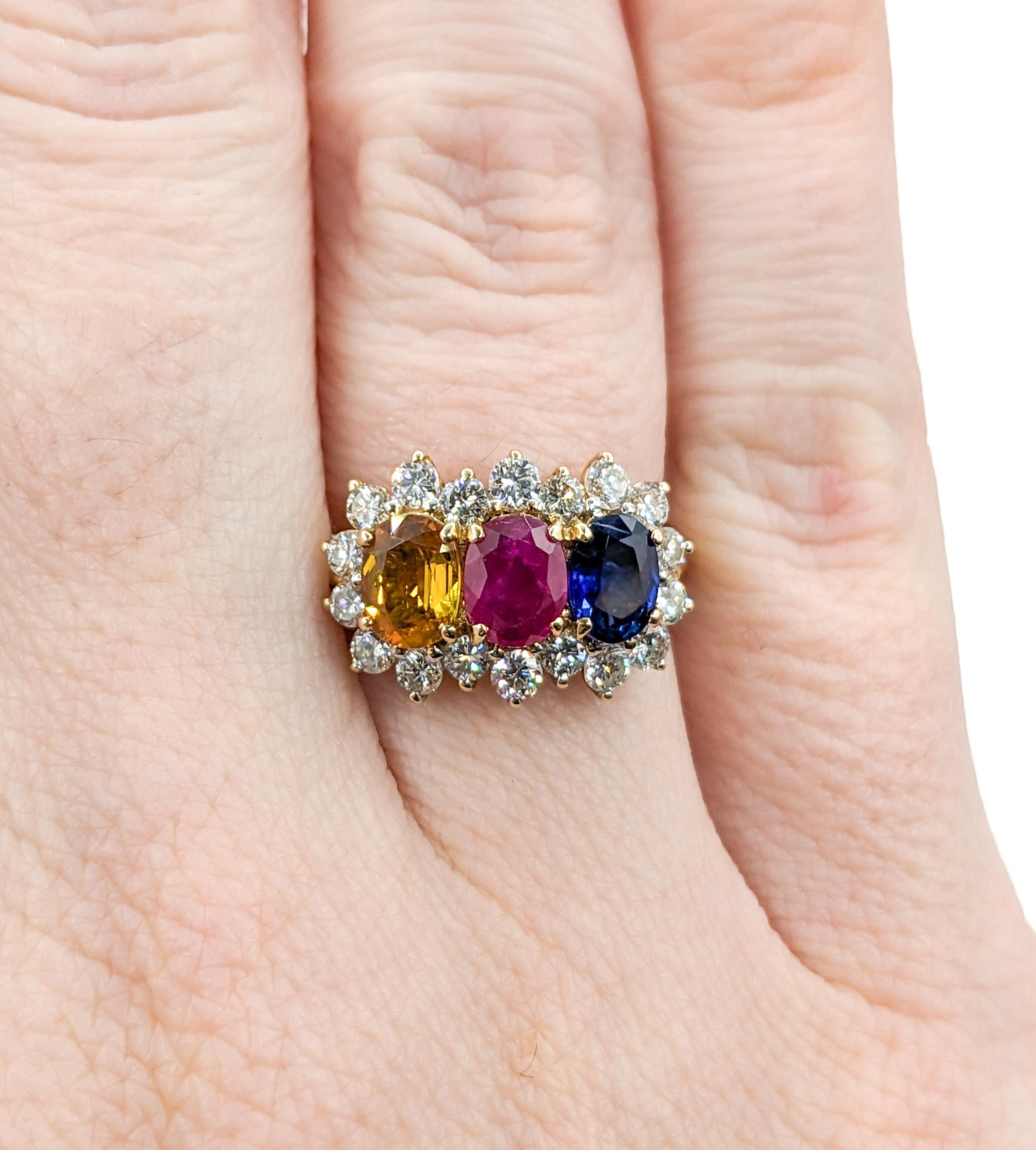 Women's Multi Gemstone Ruby, Blue Sapphire & Yellow Sapphire Ring with Diamond 18k For Sale