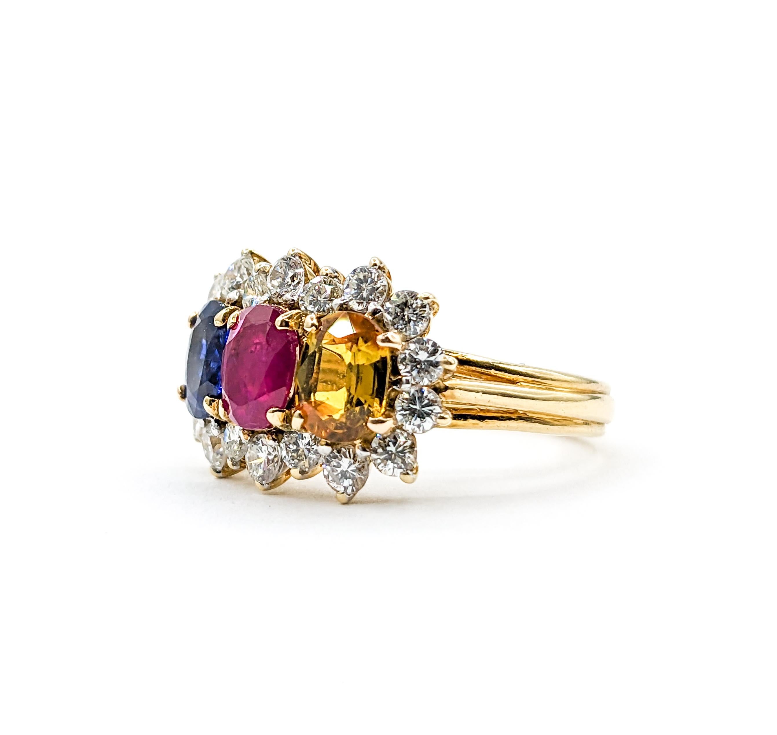 Multi Gemstone Ruby, Blue Sapphire & Yellow Sapphire Ring with Diamond 18k For Sale 2