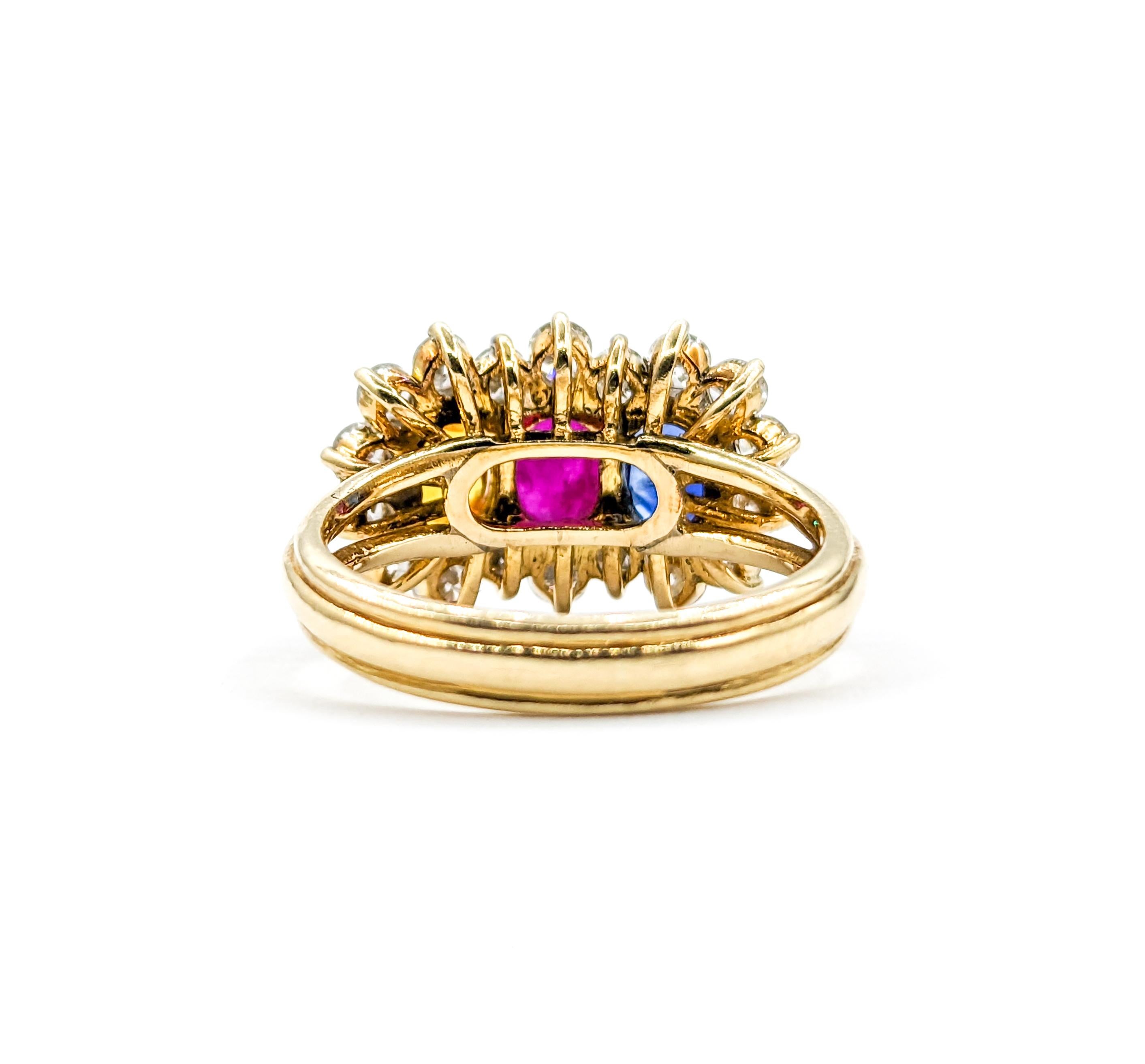 Multi Gemstone Ruby, Blue Sapphire & Yellow Sapphire Ring with Diamond 18k For Sale 3