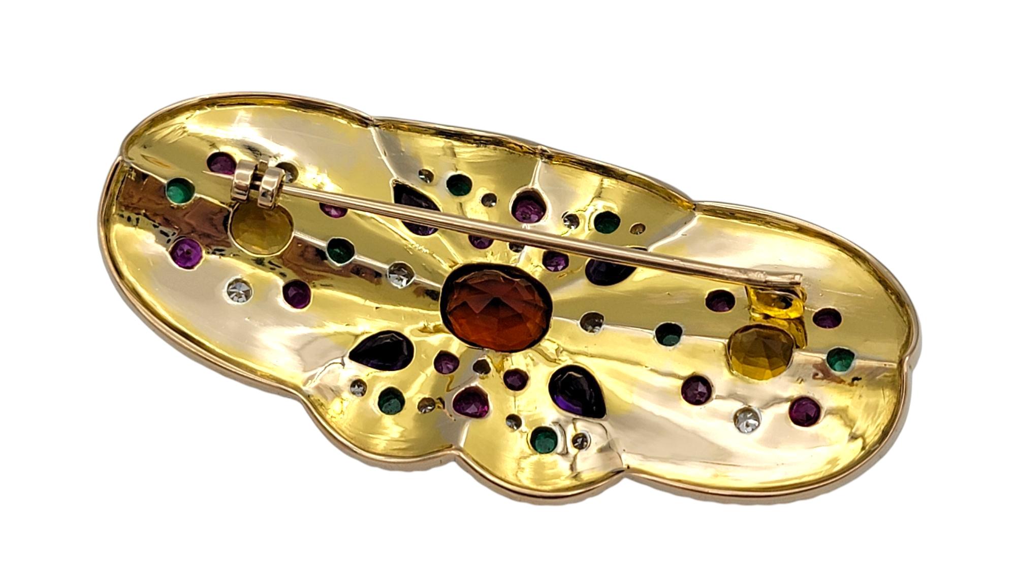 Multi-Gemstone Sandblasted Finish Brooch with Polished Ridged Trim in 14K Gold For Sale 5