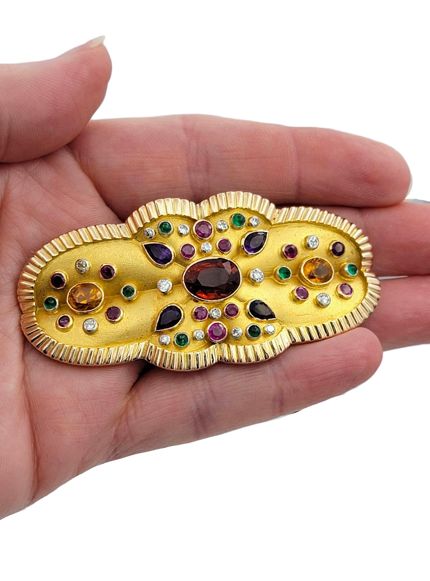 Multi-Gemstone Sandblasted Finish Brooch with Polished Ridged Trim in 14K Gold For Sale 6