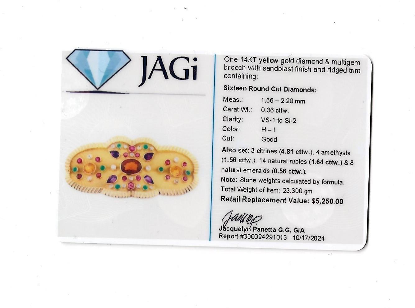 Multi-Gemstone Sandblasted Finish Brooch with Polished Ridged Trim in 14K Gold For Sale 7