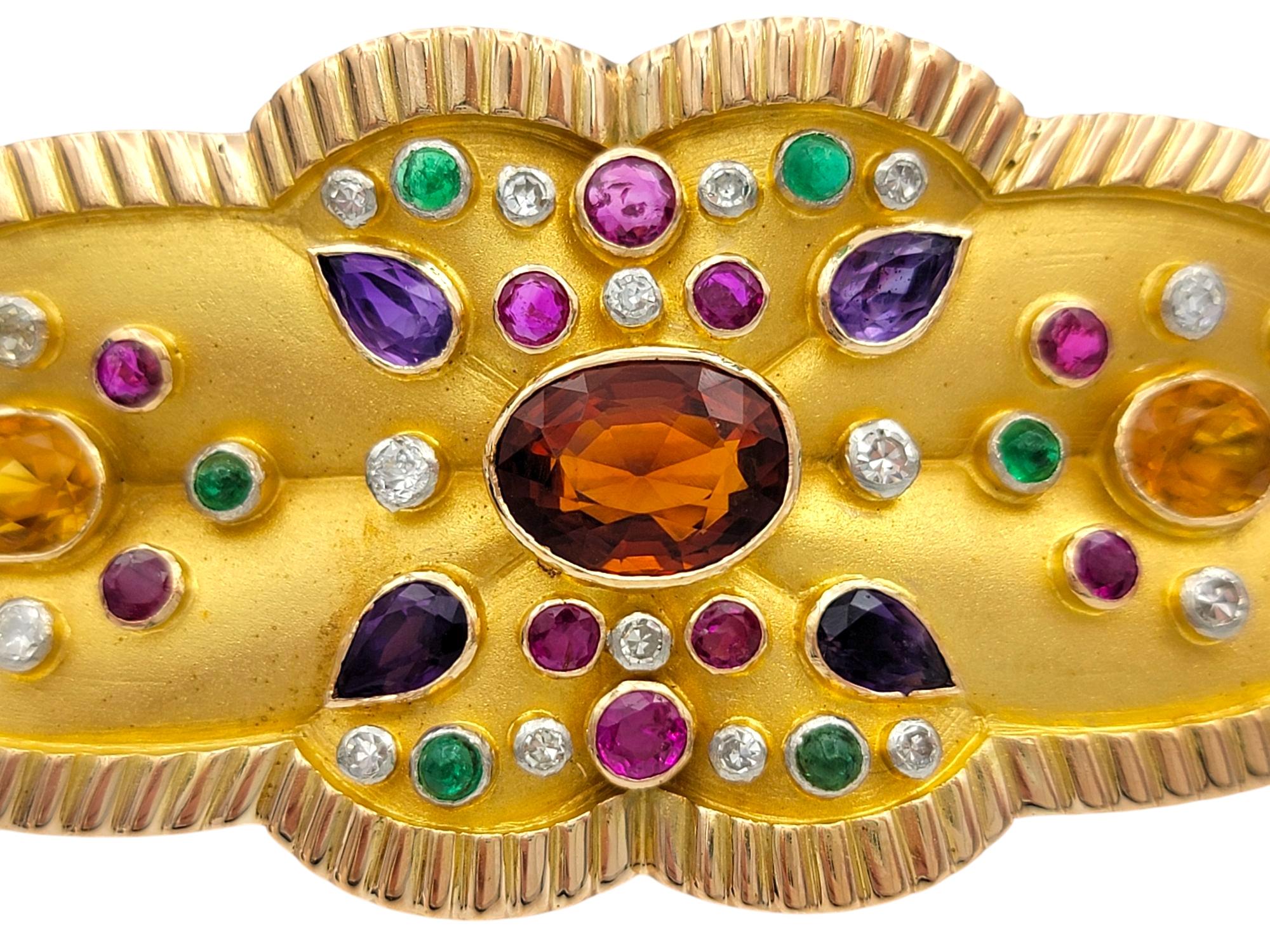Contemporary Multi-Gemstone Sandblasted Finish Brooch with Polished Ridged Trim in 14K Gold For Sale