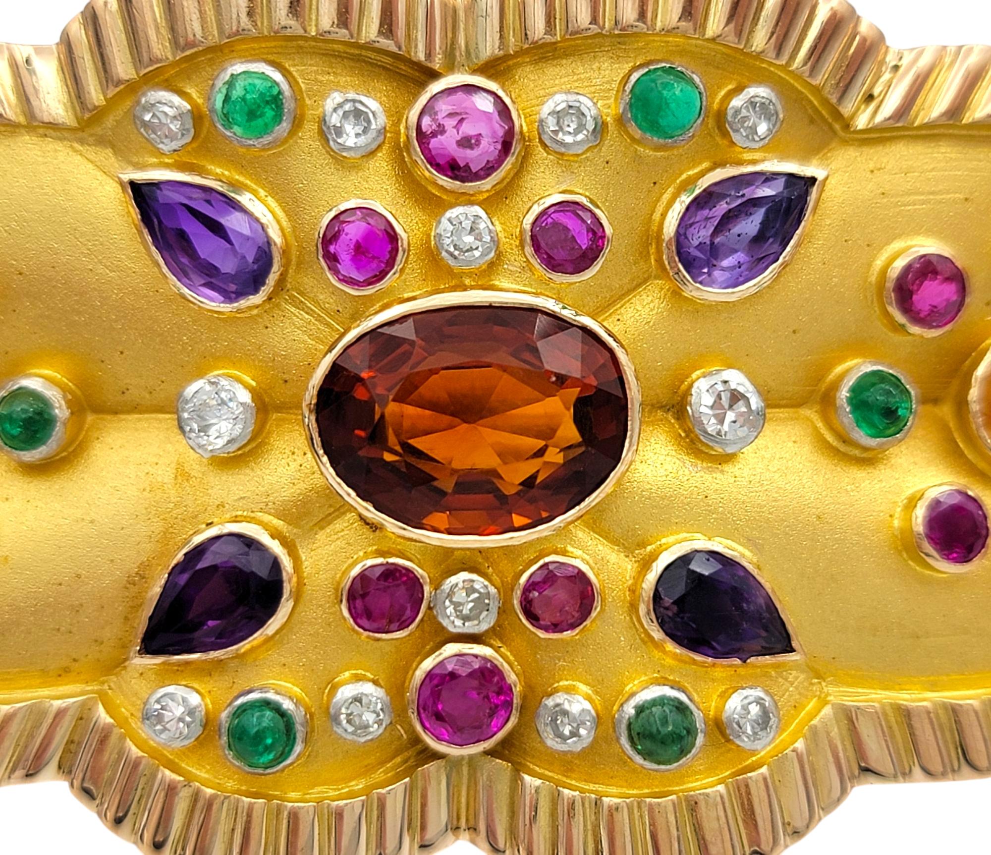 Oval Cut Multi-Gemstone Sandblasted Finish Brooch with Polished Ridged Trim in 14K Gold For Sale