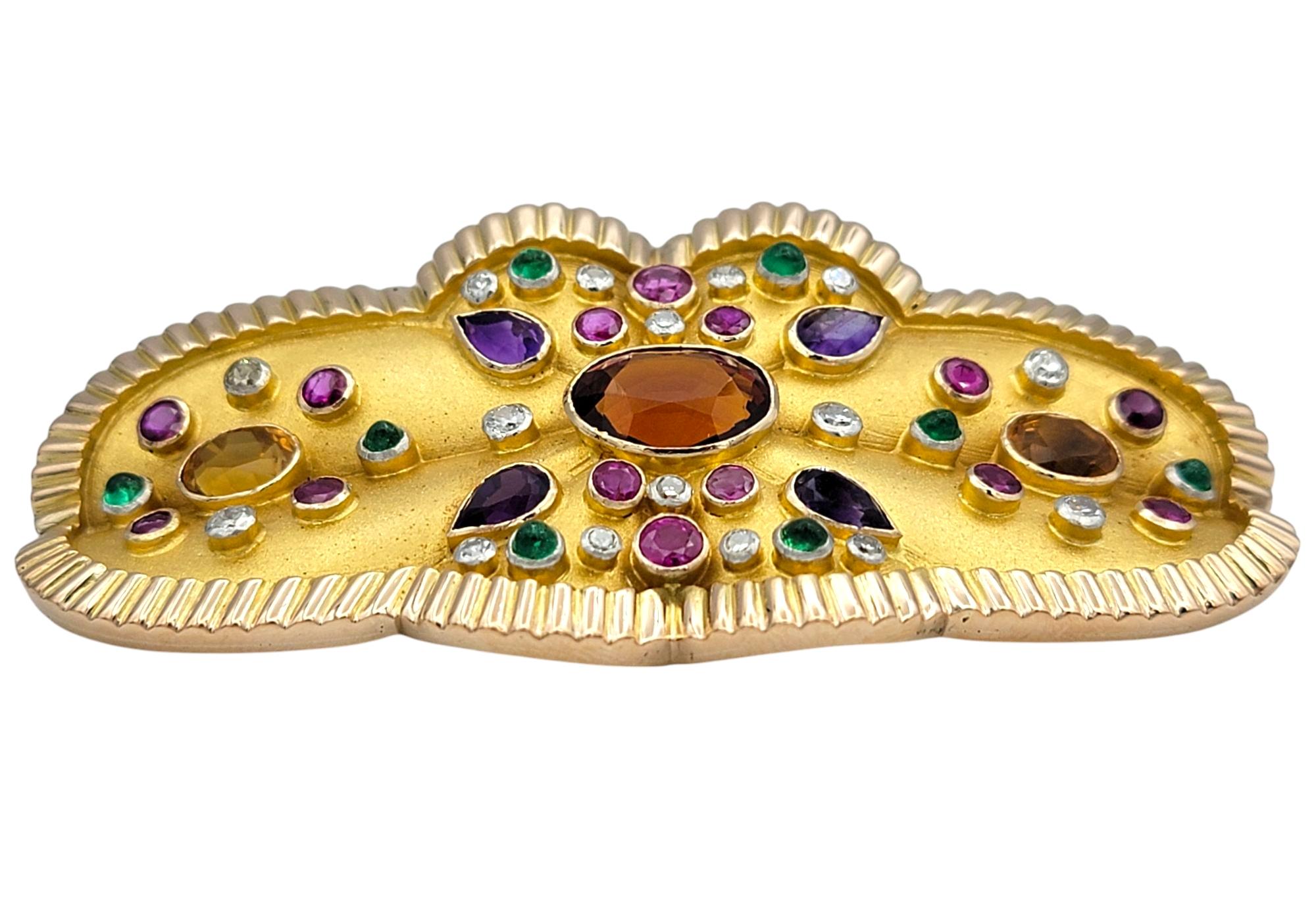 Women's or Men's Multi-Gemstone Sandblasted Finish Brooch with Polished Ridged Trim in 14K Gold For Sale