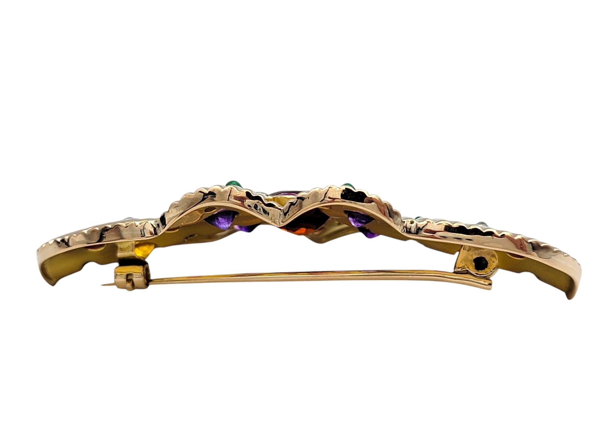 Multi-Gemstone Sandblasted Finish Brooch with Polished Ridged Trim in 14K Gold For Sale 1