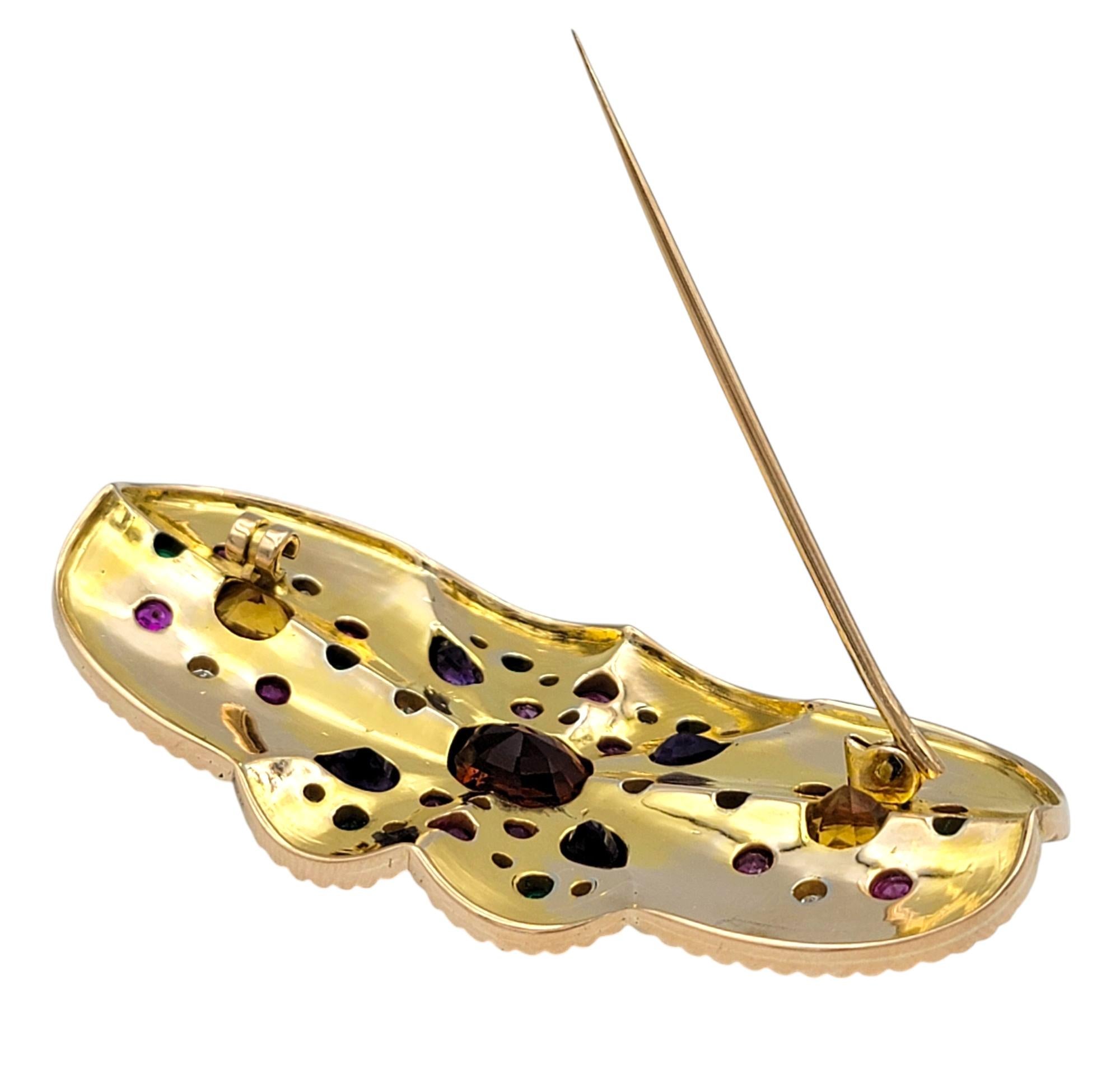 Multi-Gemstone Sandblasted Finish Brooch with Polished Ridged Trim in 14K Gold For Sale 2