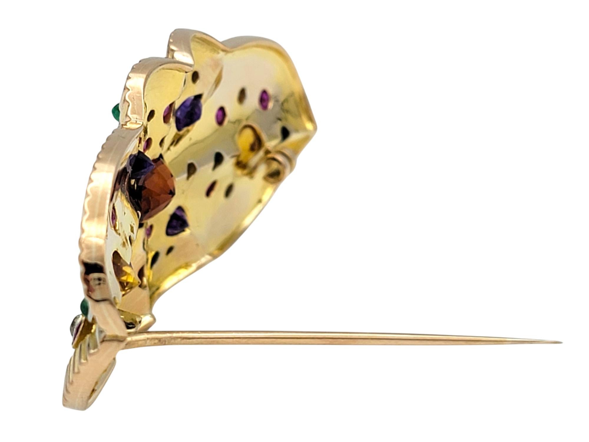 Multi-Gemstone Sandblasted Finish Brooch with Polished Ridged Trim in 14K Gold For Sale 3