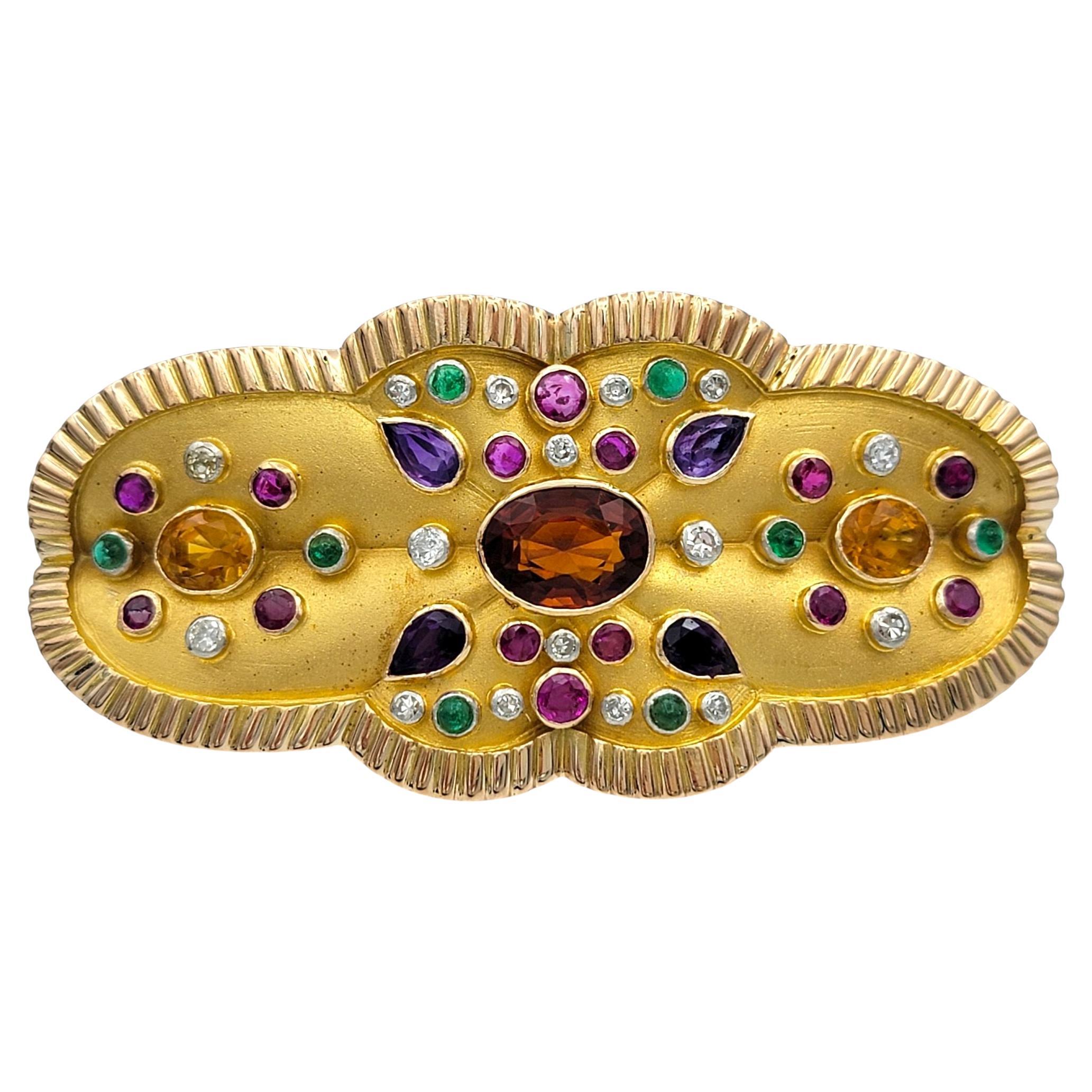 Multi-Gemstone Sandblasted Finish Brooch with Polished Ridged Trim in 14K Gold For Sale