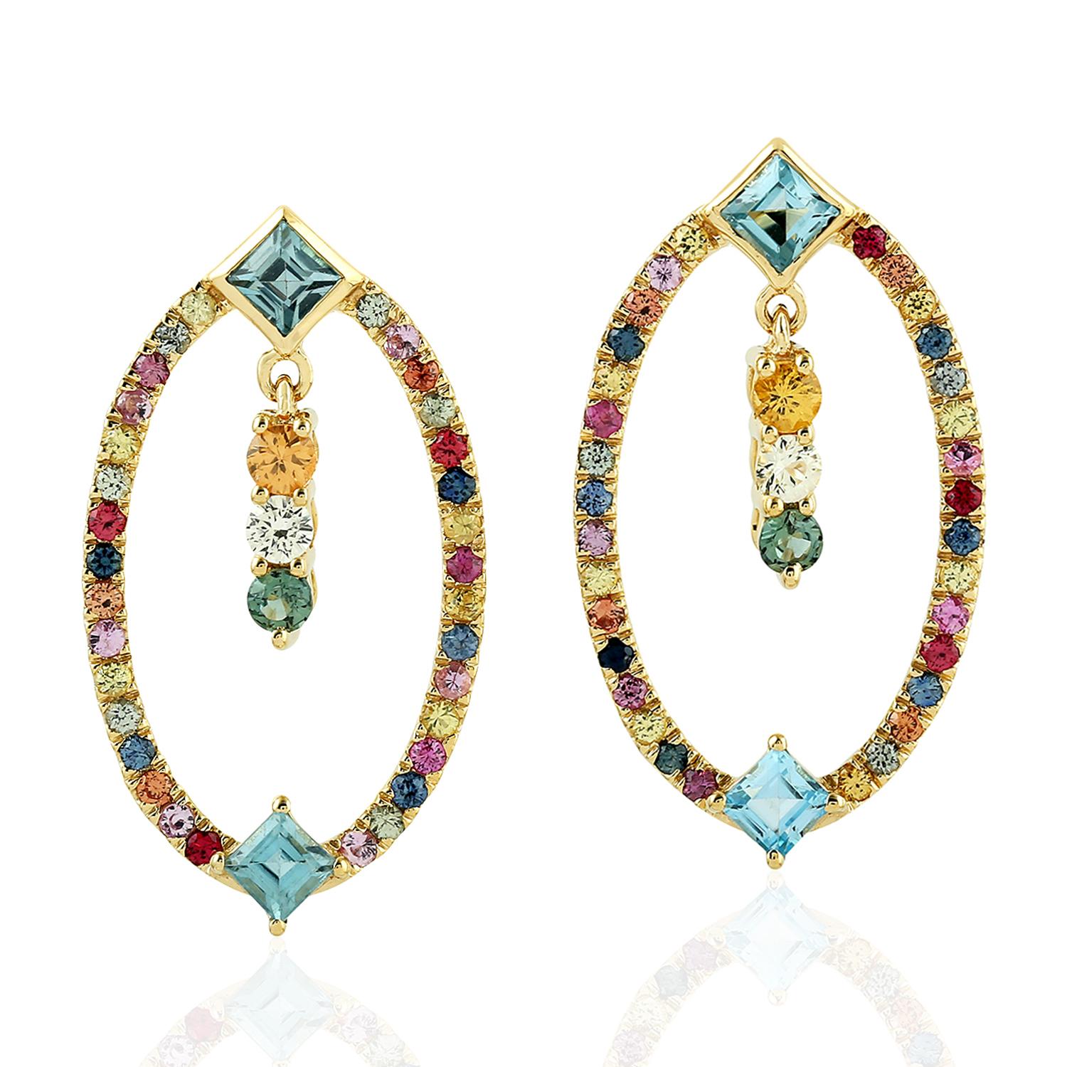 Single Cut Multi Gemstone Sapphire 18 Karat Gold Earrings For Sale