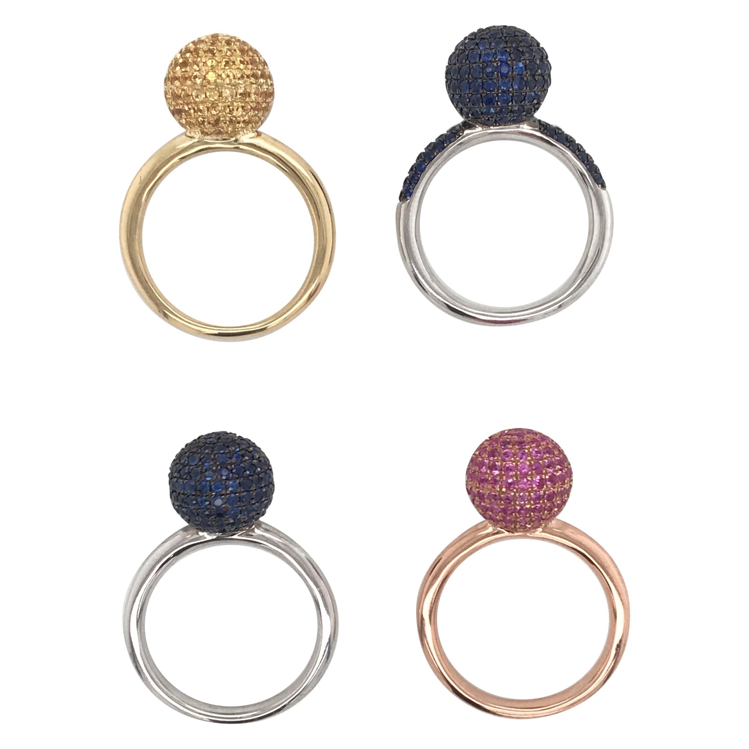  French Hallmark Multi Gemstone Sapphire Ball Rings 18 Karat Tri Color Gold
