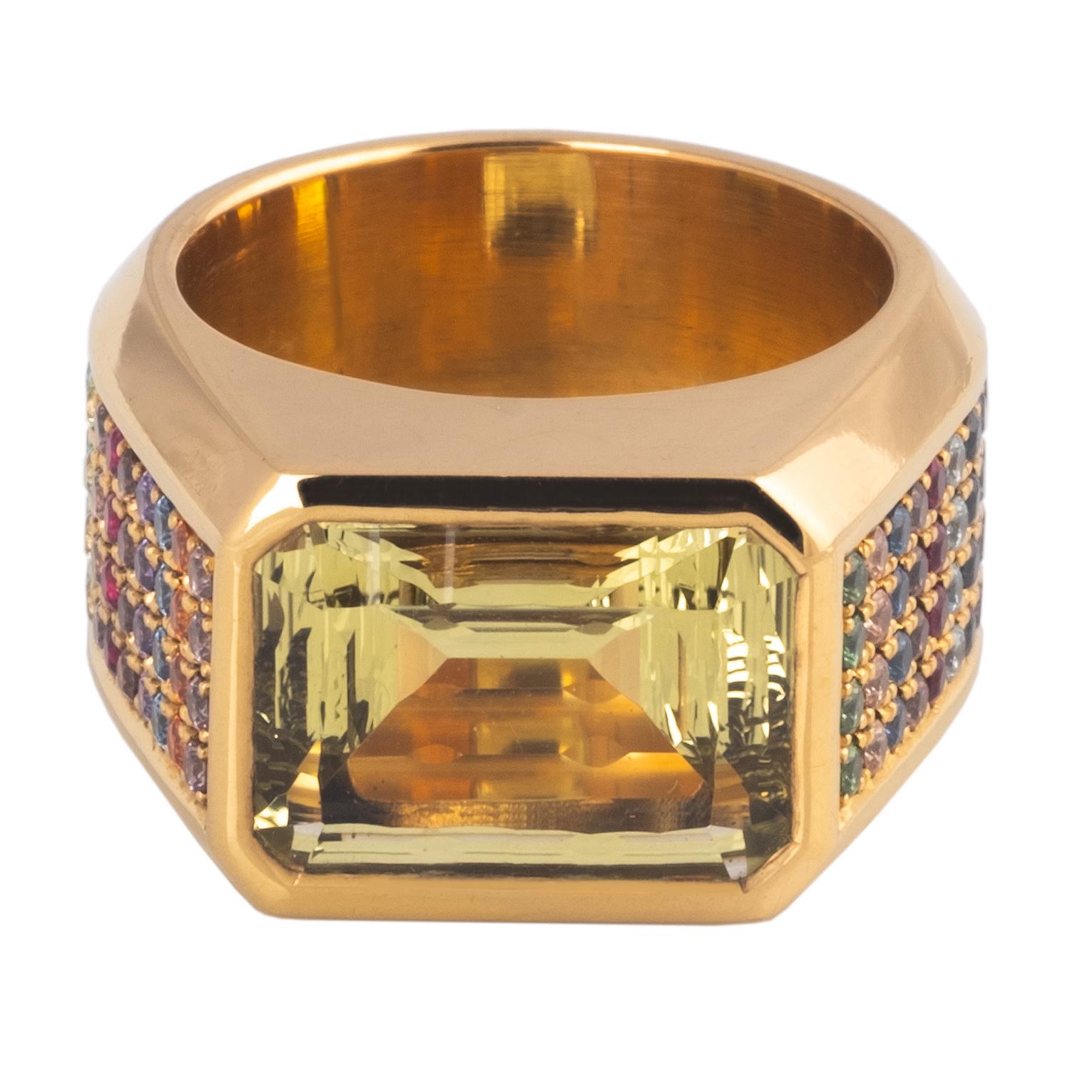 A rainbow of gemstones wrap around this yellow gold ring set with a beautifully cut citrine.

Sapphires come is almost all colers so we used every beautiful shade of purple, orange, yellow, blue and pink. The tsavorties add some lovely shades of