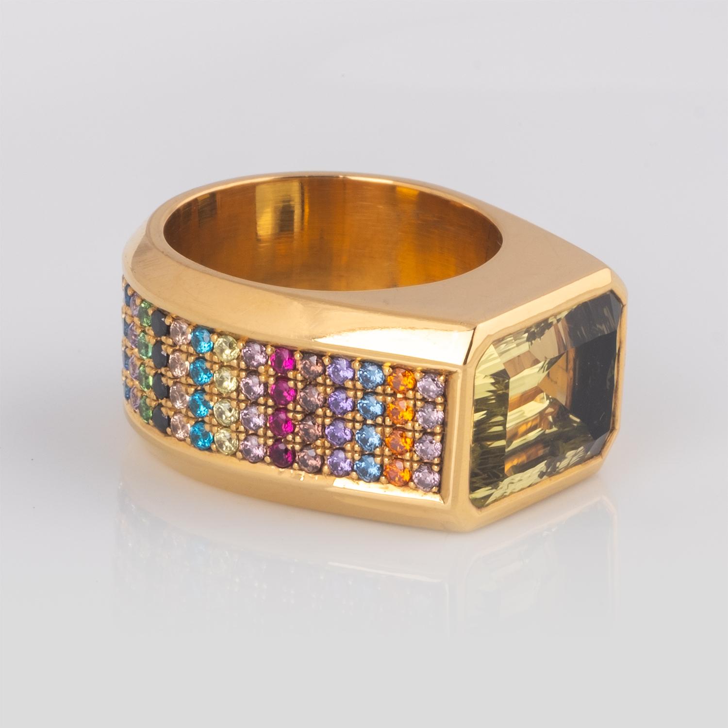 Mixed Cut Multi Gemstone Sapphire, Tsavorite, Citrine Yellow Gold Ring For Sale