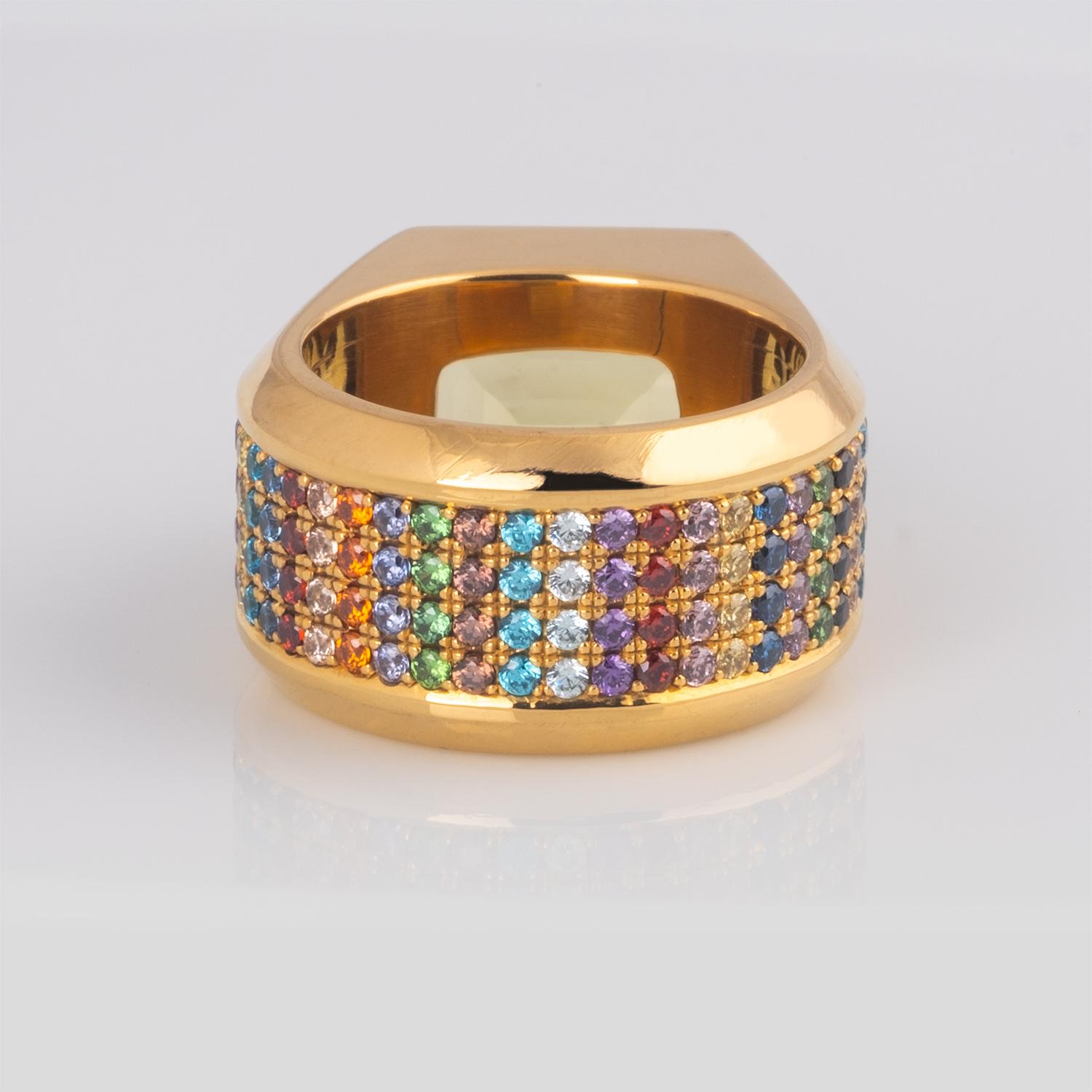 Women's or Men's Multi Gemstone Sapphire, Tsavorite, Citrine Yellow Gold Ring For Sale