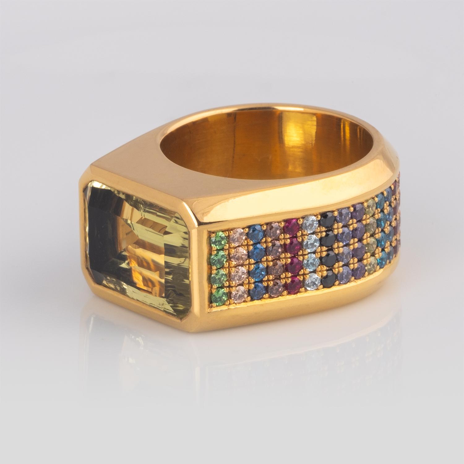Multi Gemstone Sapphire, Tsavorite, Citrine Yellow Gold Ring For Sale 1