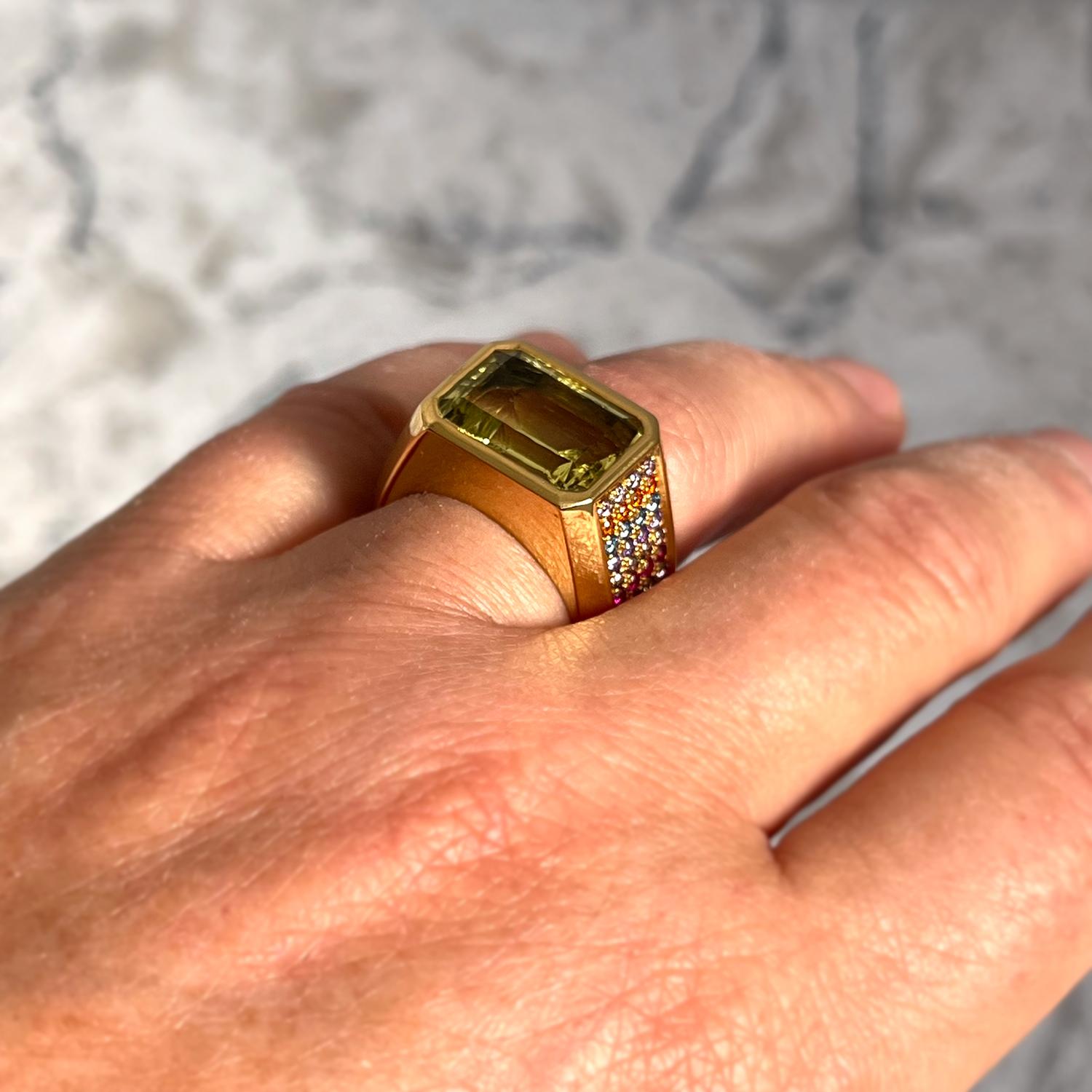 Multi Gemstone Sapphire, Tsavorite, Citrine Yellow Gold Ring For Sale 3