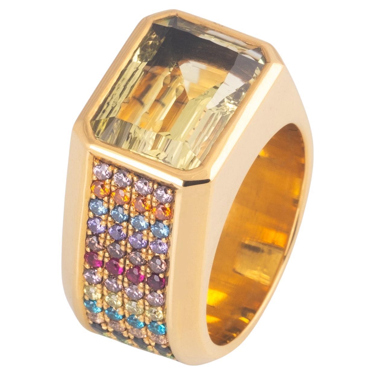 Multi Gemstone Sapphire, Tsavorite, Citrine Yellow Gold Ring For Sale